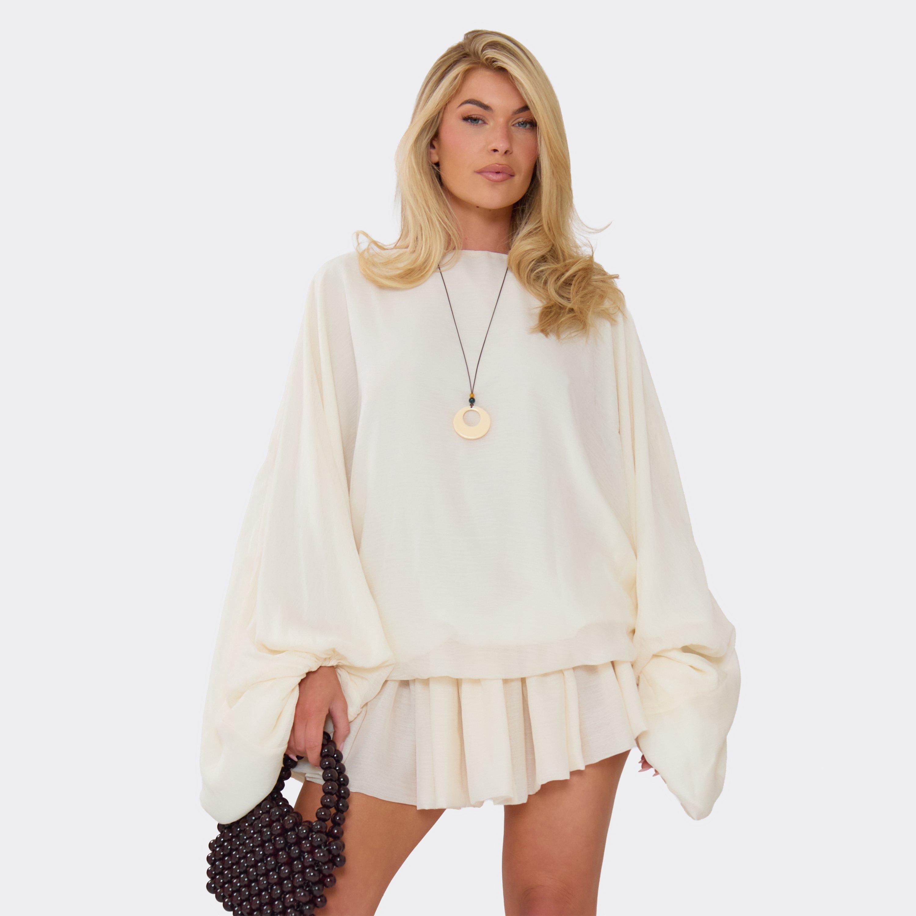 Long Balloon Sleeve Puffball Mini Dress In Cream Chiffon, Women's Size UK 10