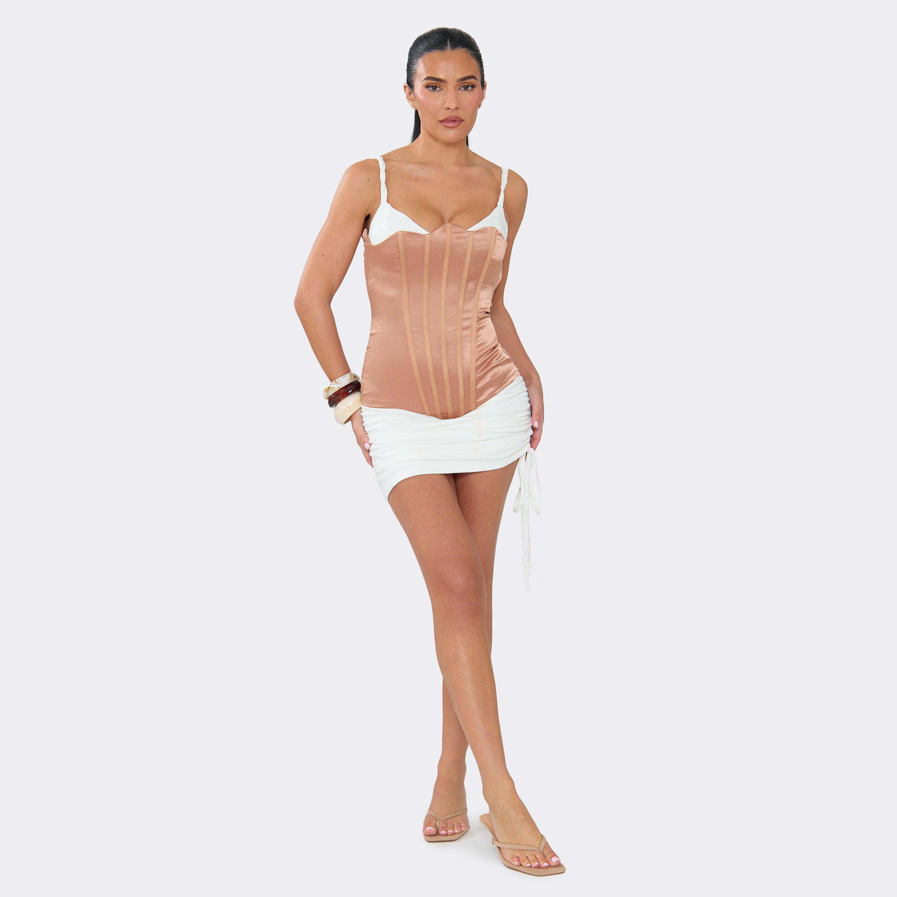 Scoop Neck Tie Side Layered Corset Mini Dress In White, Women's Size UK 6