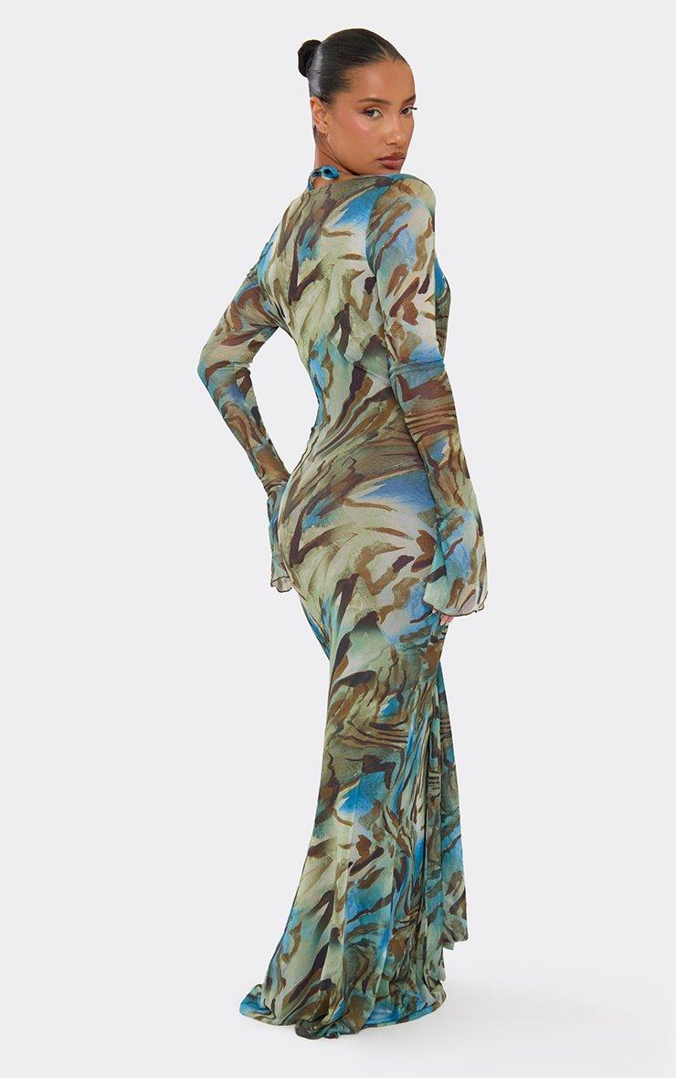 Long Sleeve Plunge Neck Draped Trim Detail Maxi Dress In Green Abstract  Print | EGO UK | EGO