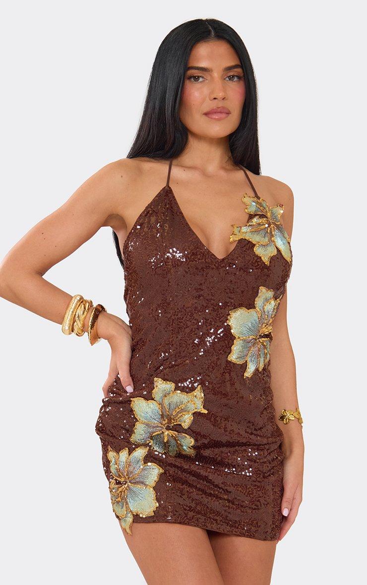 Multi Draped Bead Detail Split Leg Maxi Beach Dress In Brown Mesh | EGO US  | EGO