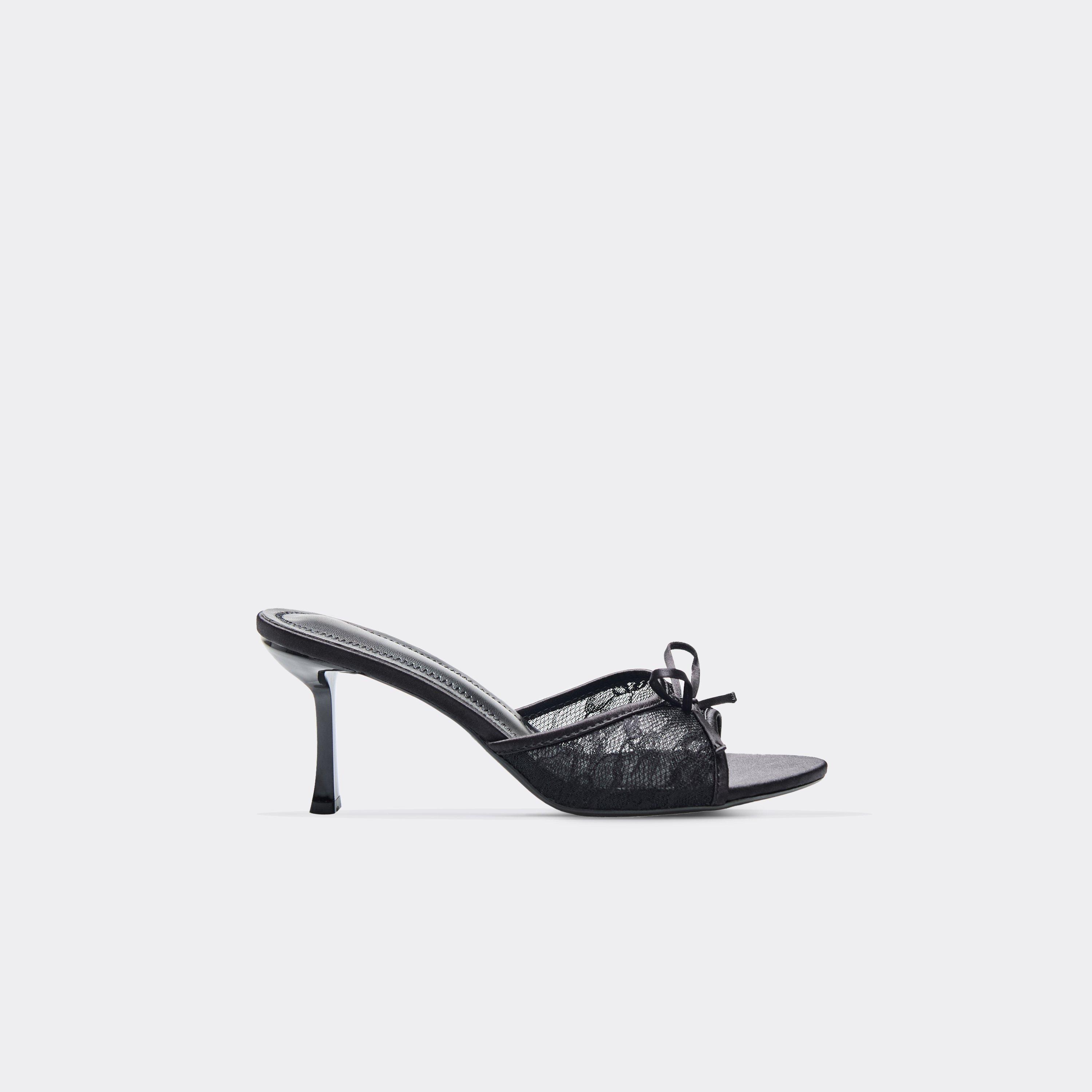 Mistique Lace Bow Detail Heel Mule In Black Faux Leather, Women's Size UK 4