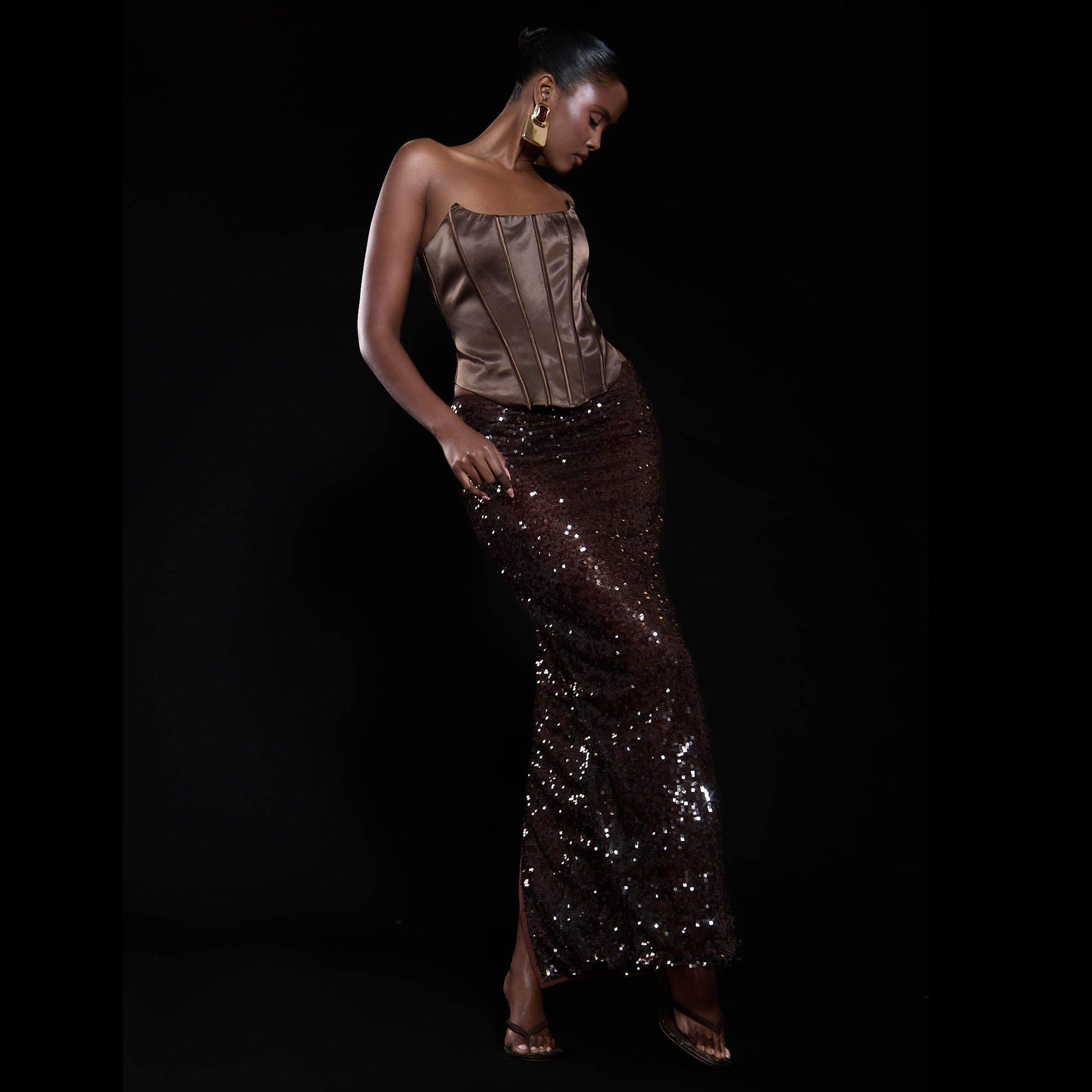 Maxi Skirt In Brown Sheer Sequin, Women's Size UK 10