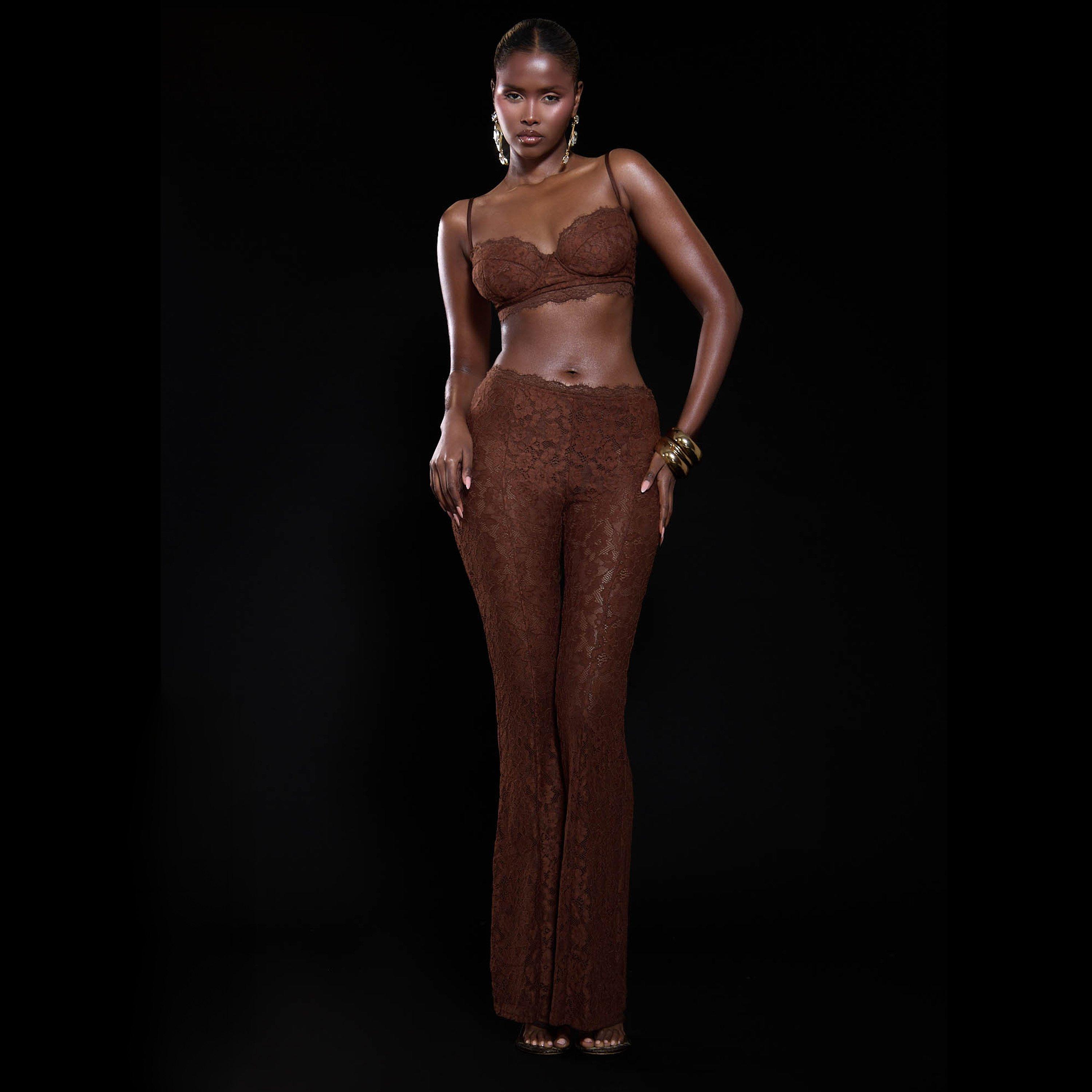 Image of Flared Leg Trousers With Lining In Brown Lace, Women's