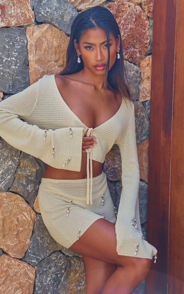 Long Sleeve Embellished Detail Tie Front Crop Top In Cream Crochet