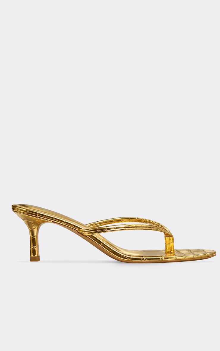 Brax Thong Strap Heel Mule In Gold Croc Print Patent.