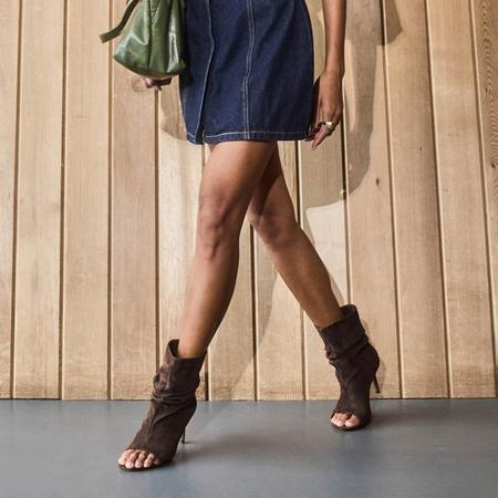 Innocent Peep Toe Stiletto Heel Ruched Ankle Boot In Brown Faux Suede, Women's Size US