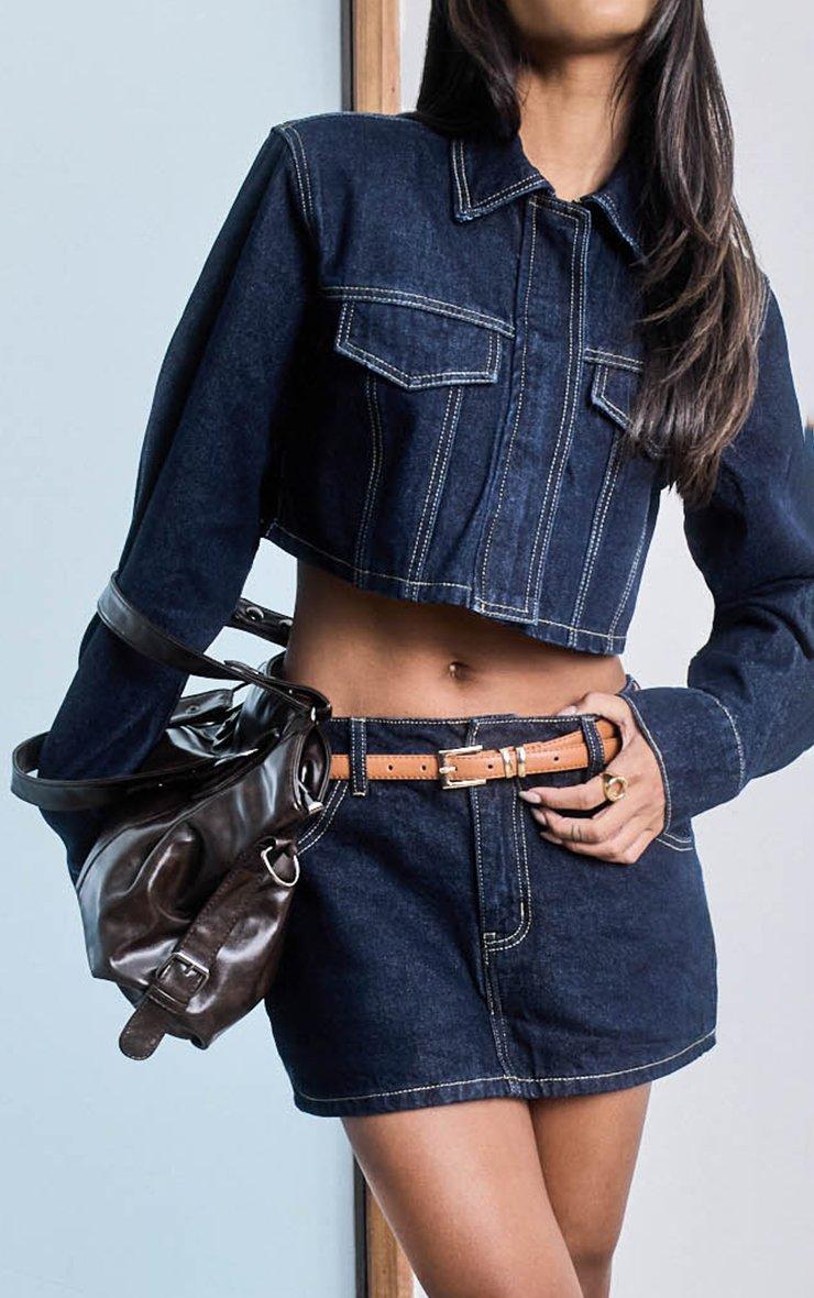 cropped jacket over fitted indigo knee length dress in M/L brass buttons cropped jacket over fitted indigo