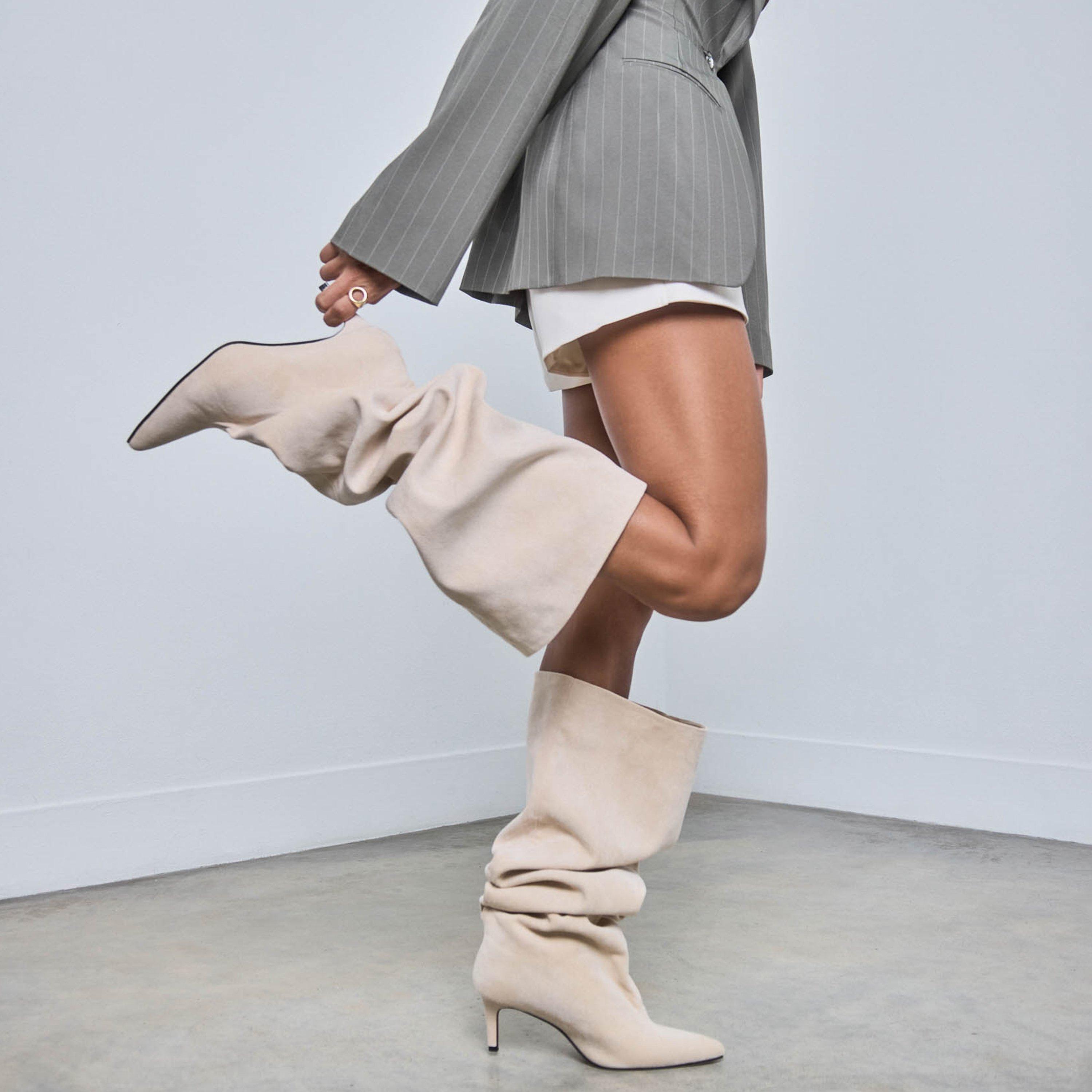 Bride Pointed Toe Knee High Kitten Heel Boot In Beige Faux Suede, Women’s