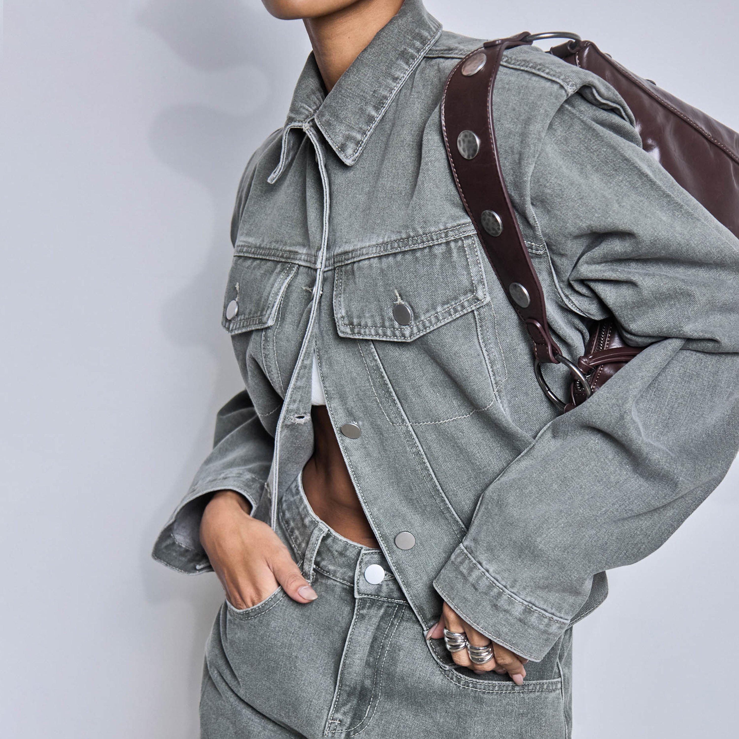 Shoulder Pad Seam Detail Jacket In Khaki Denim, Women’s