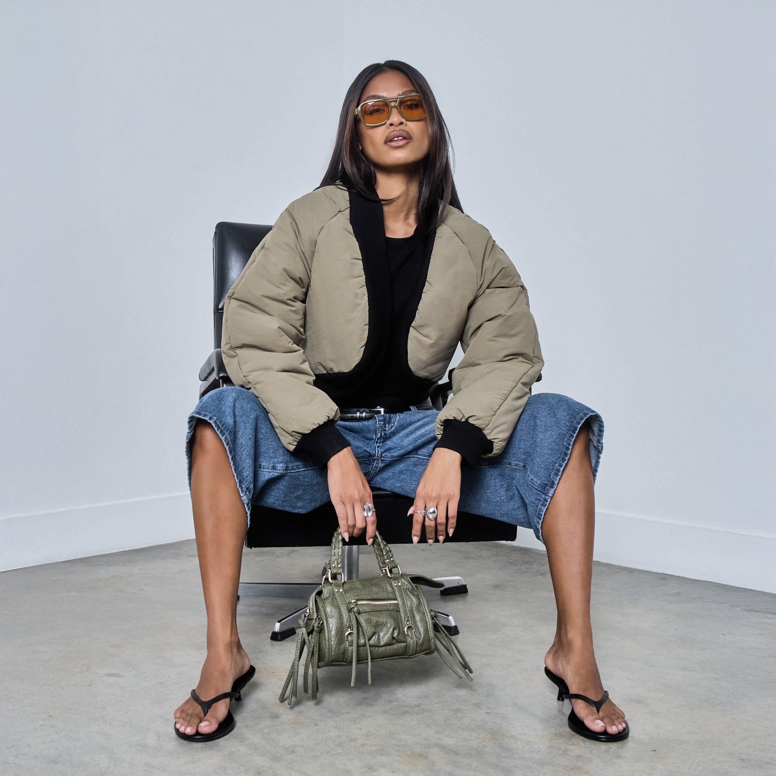 Cropped Rib Edge Detail Puffer Coat In Khaki Green, Women's Size UK 14