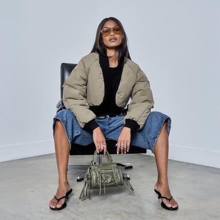 Cropped Rib Edge Detail Puffer Coat In Khaki Green, Women's Size US