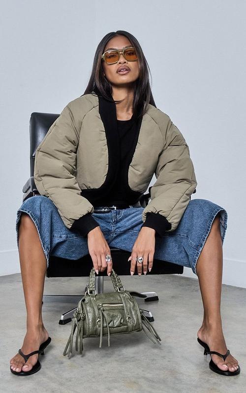 Long Sleeve High Neck Toggle Hem Puffer Jacket In Chocolate Brown