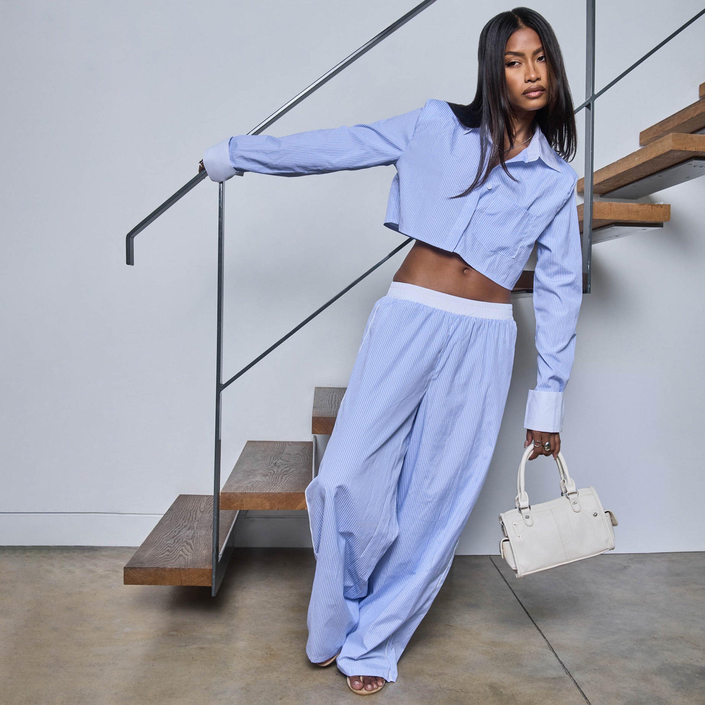 Contrast Waistband Straight Leg Trousers In Blue Pinstripe, Women's Size UK 6