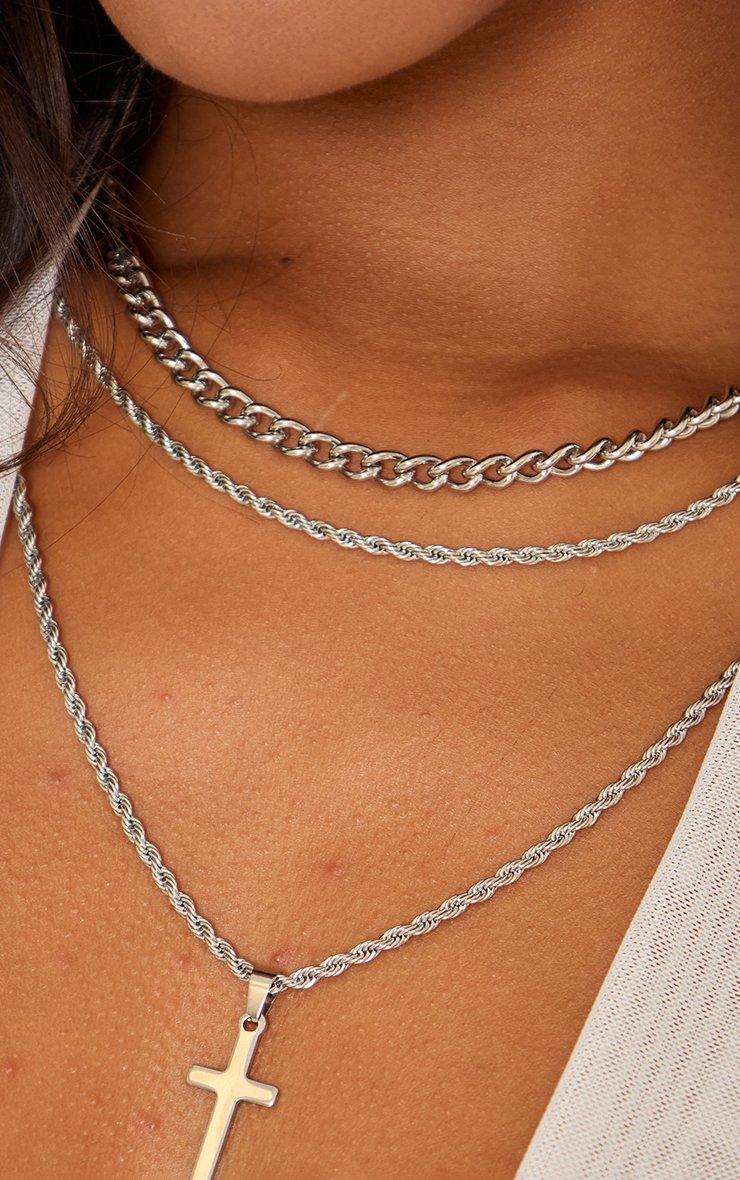 Thin Crucifix Detail Multi Chain Necklace In Silver | EGO US | EGO