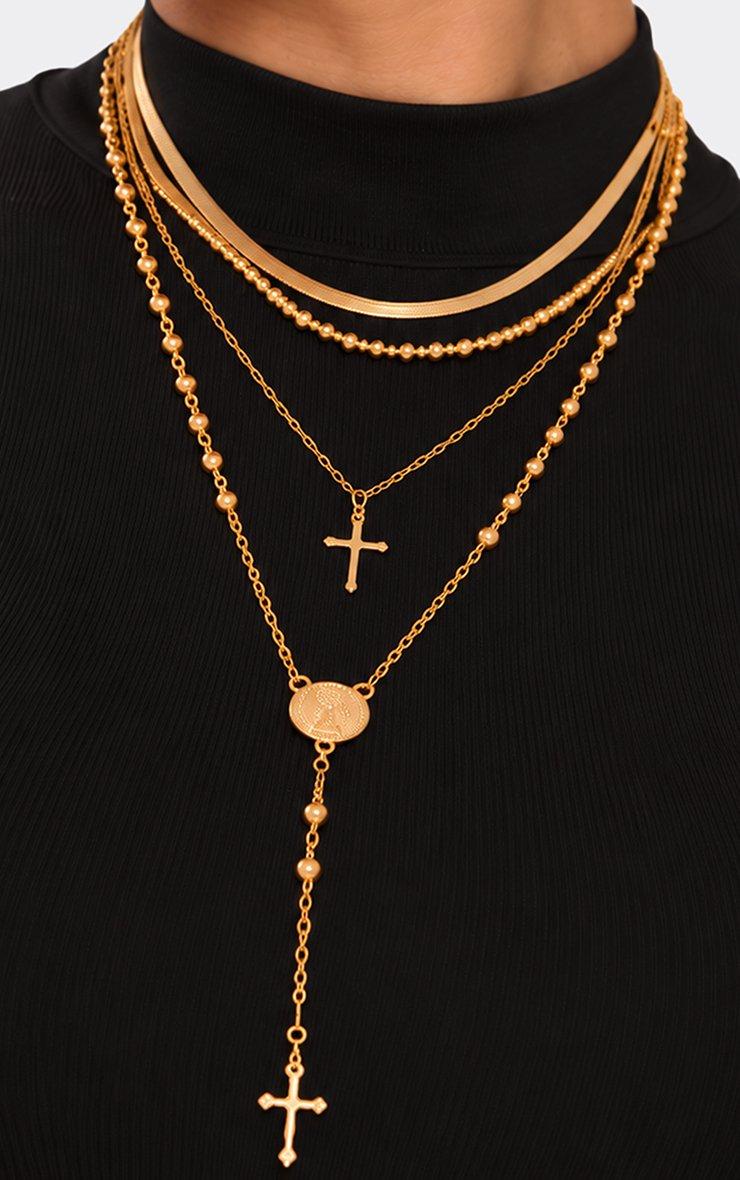Cross Pendant Beaded Detail Multi Layered Chain Necklace In Gold