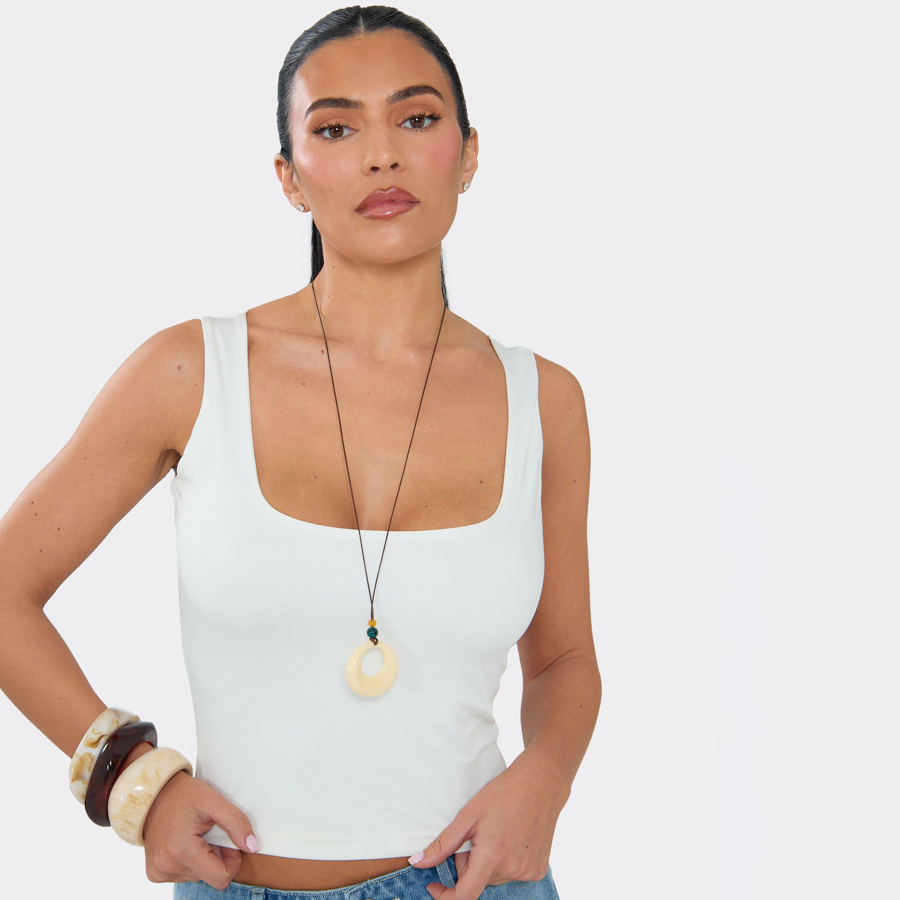 Cream Resin Pendant Detail Beaded Long Rope Necklace In Brown, Women's Size UK 0