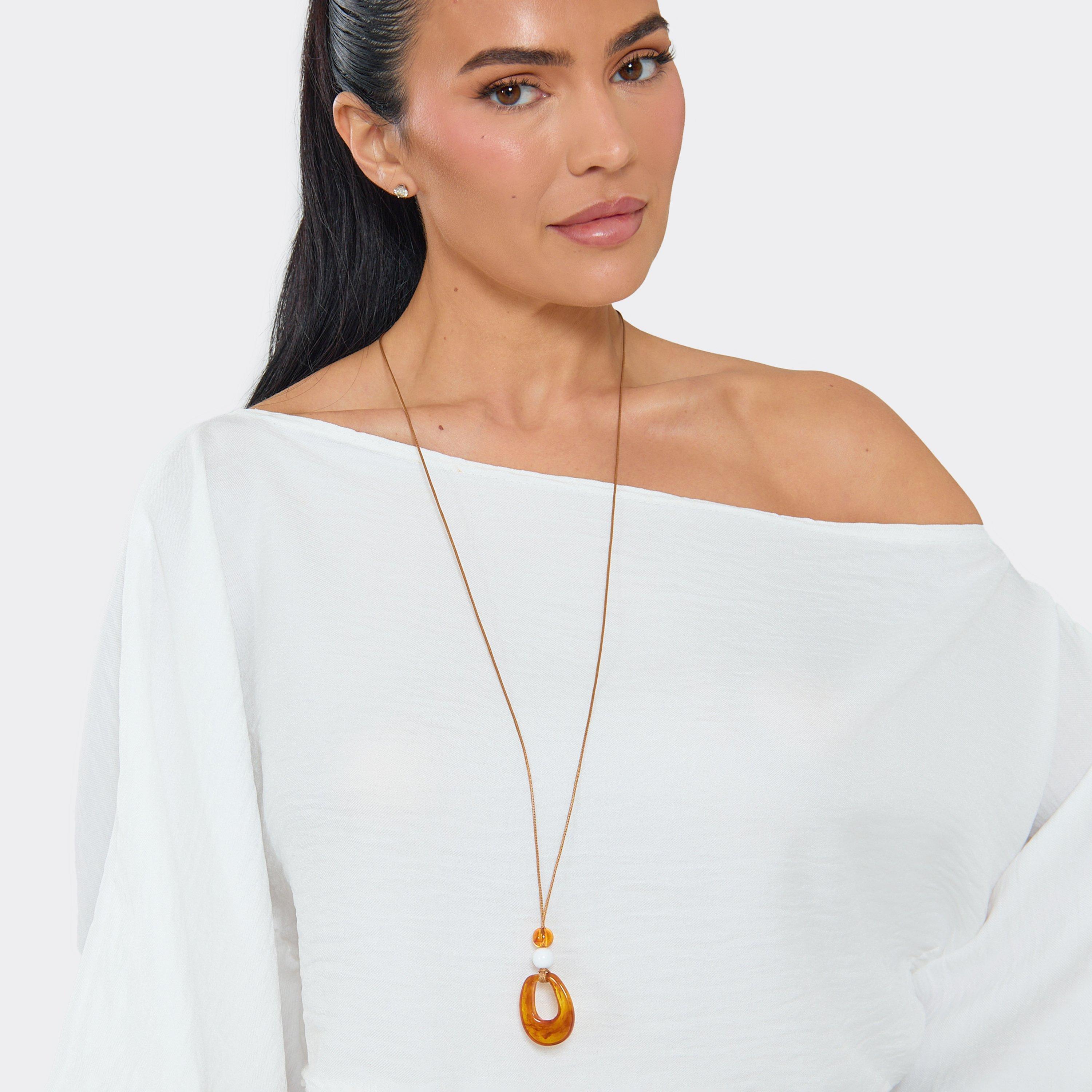 Resin Pendant Detail Beaded Long Rope Necklace In Brown, Women's Size UK 0