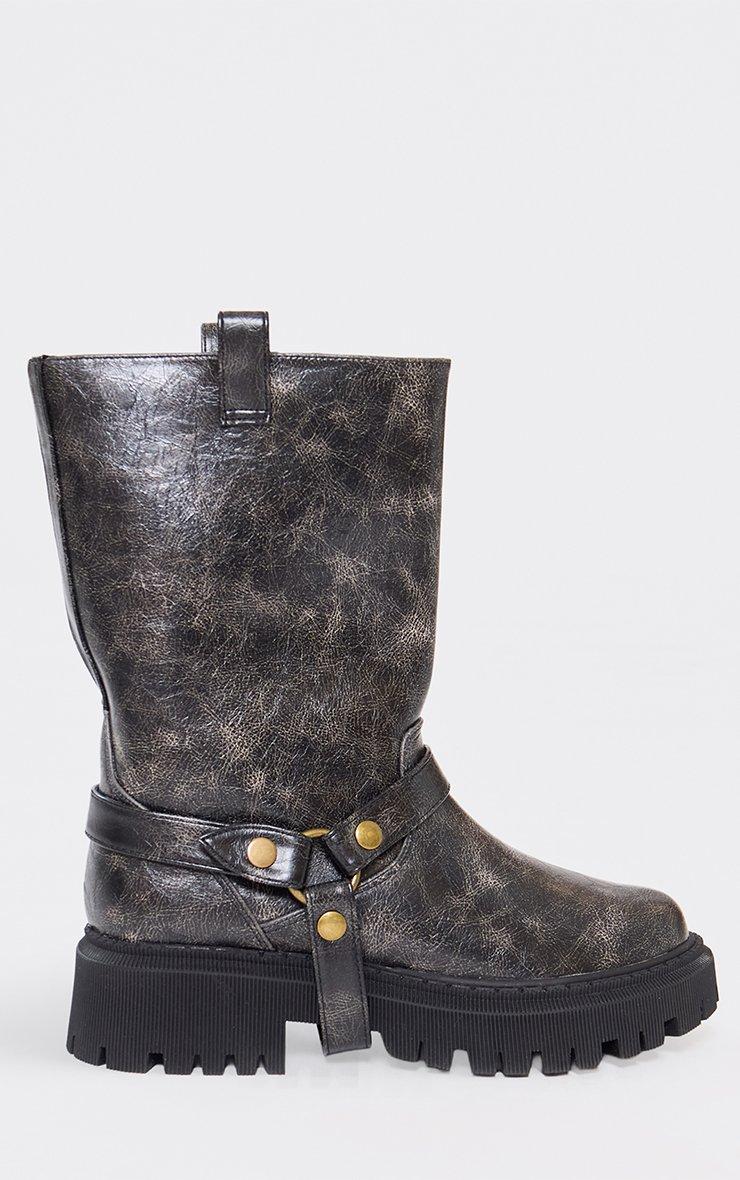 Azura Side Buckle Detail Midi Calf Biker Boot In Black Faux