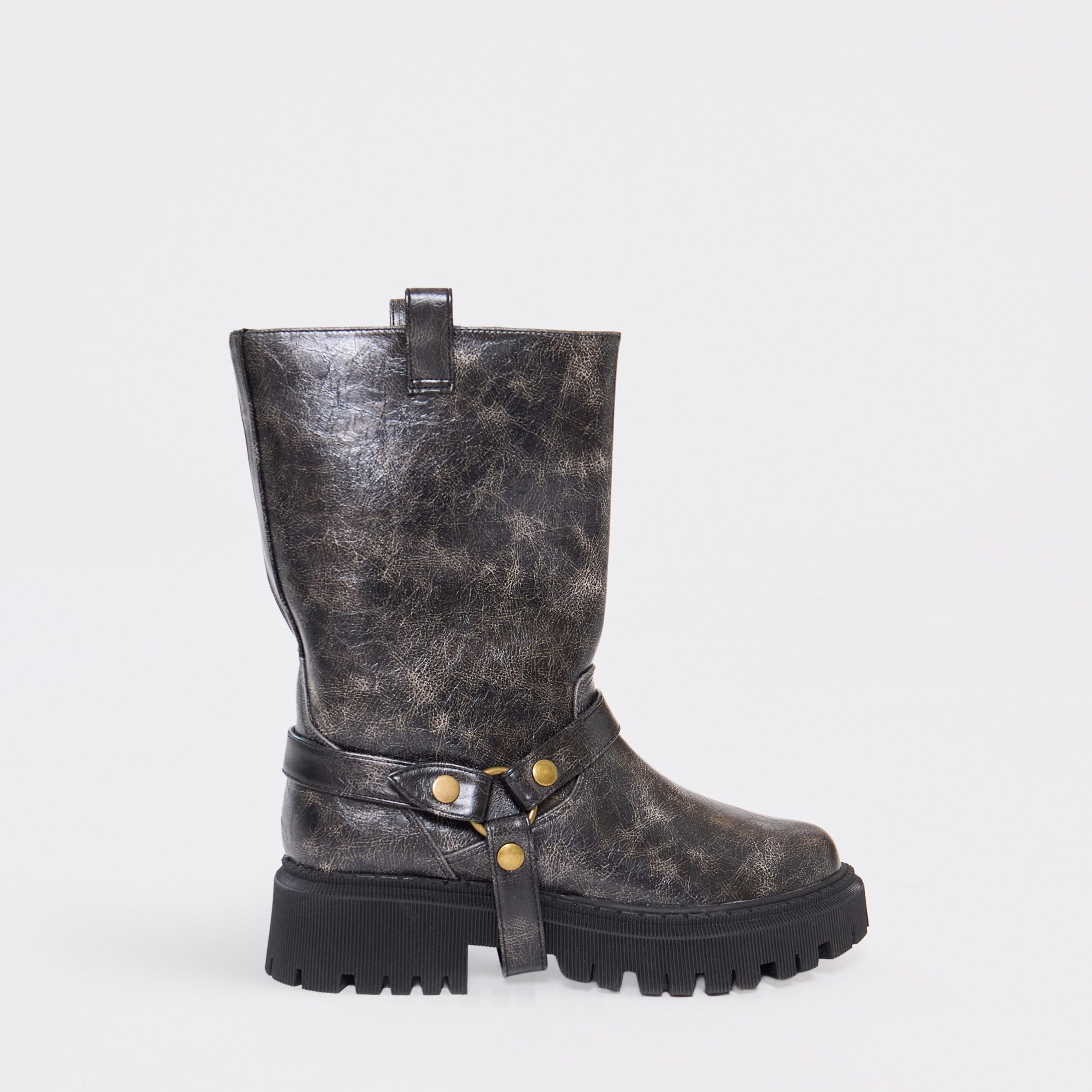 Not A Phase Side Buckle Detail Ankle Boot In Distressed Black Faux Leather, Women’s