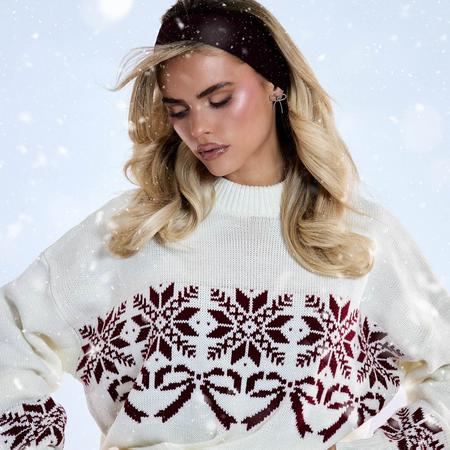 Long Sleeve Bow Fairisle Detail Oversized Jumper In Cream Knit, Women's Size US