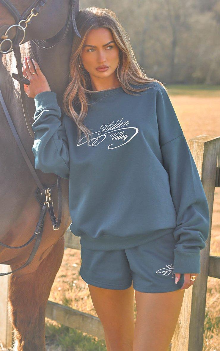 Long Sleeve Embroidered Graphic Detail Sweatshirt In Green