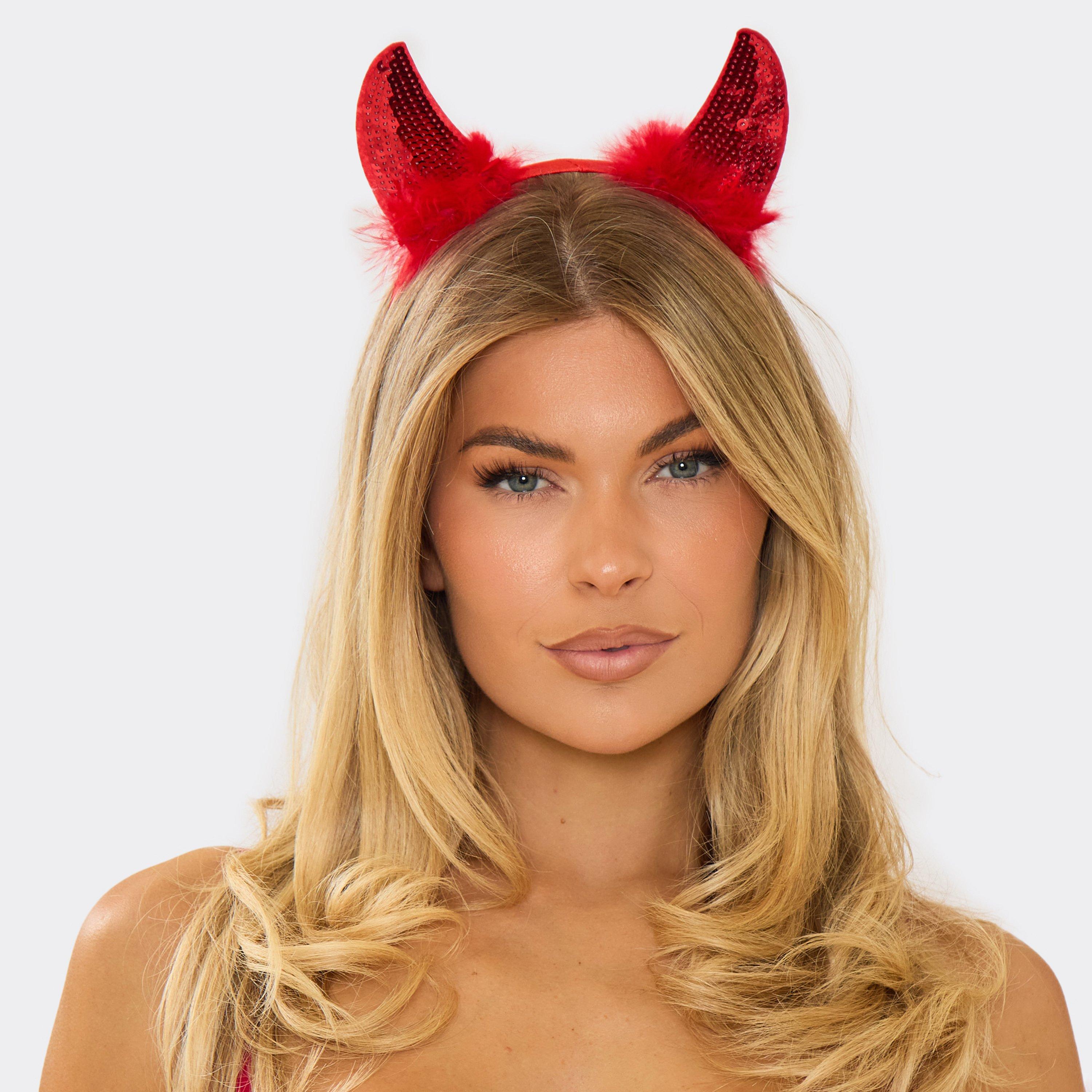Image of Faux Fur Detail Devil Headband In Red Sequin, Women's Size UK 0