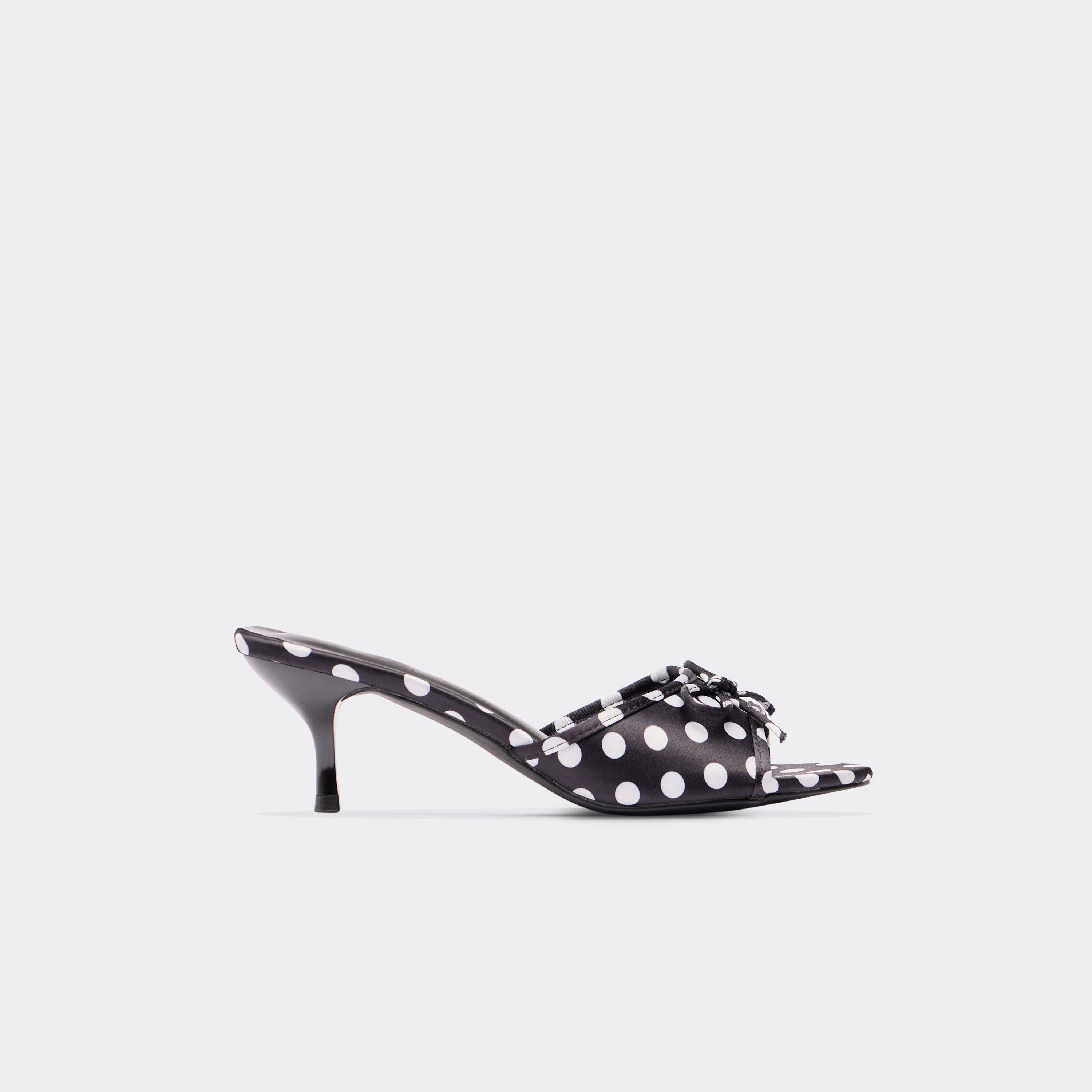 Pia Bow Detail Peep Toe Kitten Heeled Mule In Black Polka Dot Print Satin, Women’s