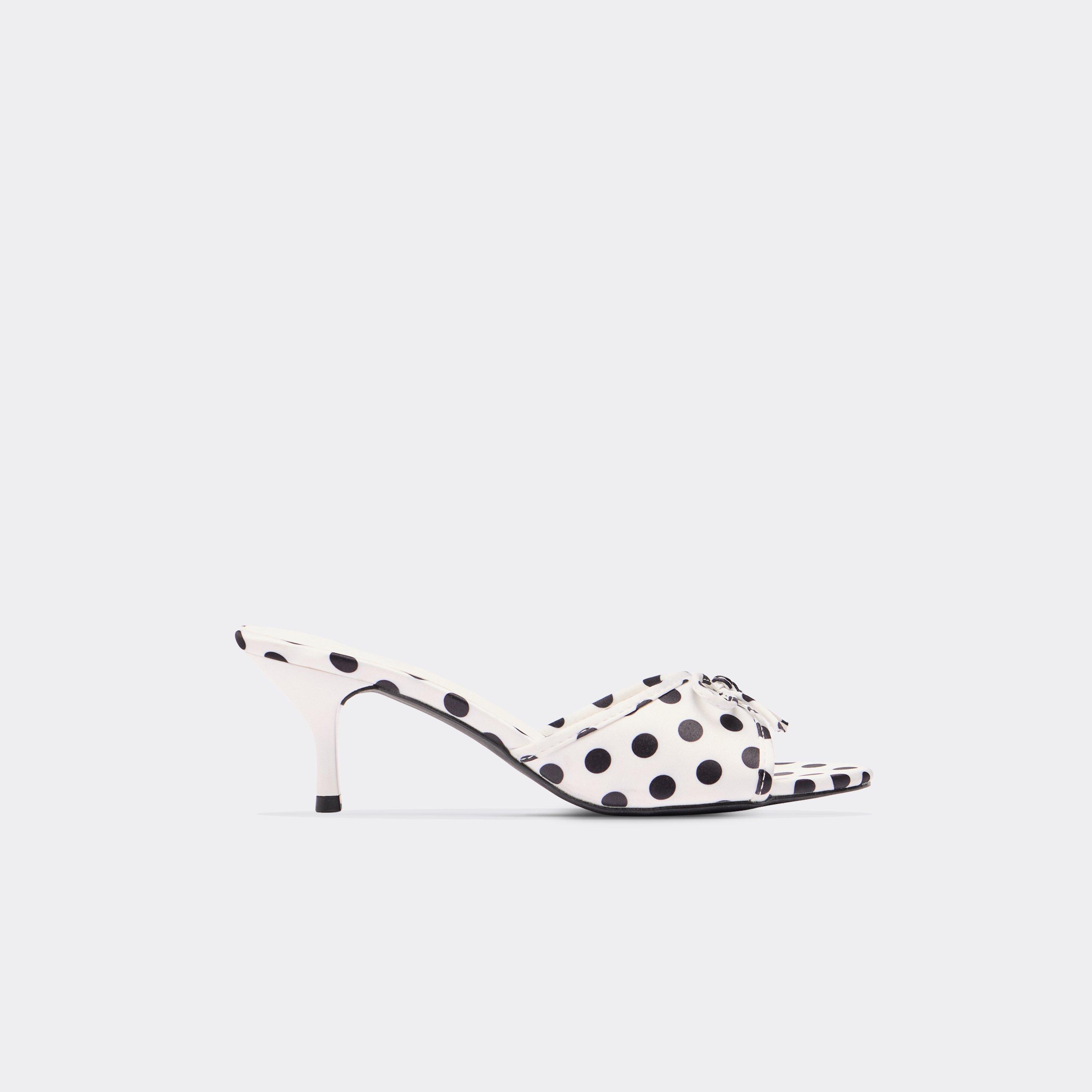 Pia Bow Detail Peep Toe Kitten Heeled Mule In White Polka Dot Print Satin, Women’s