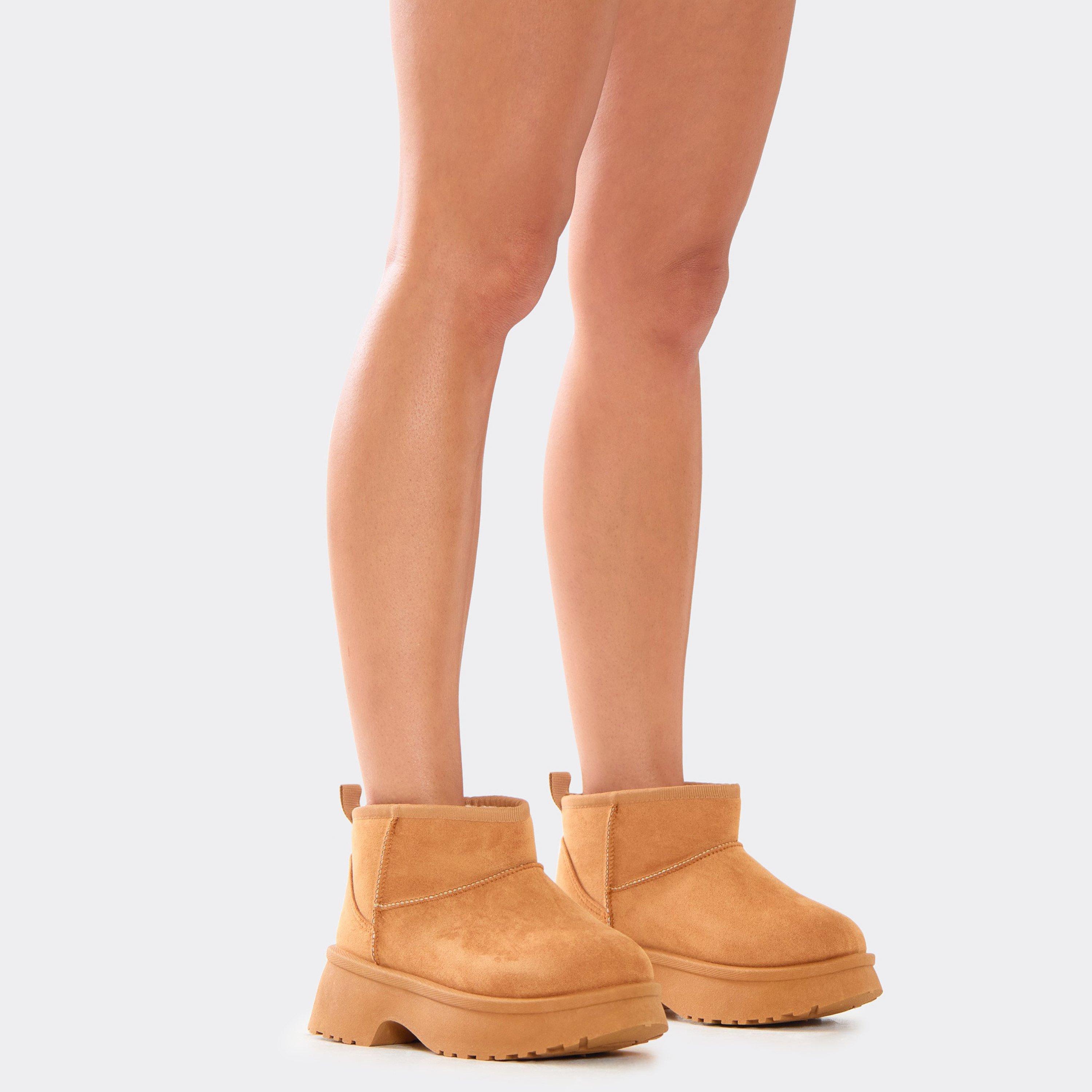 Peeta Platform Faux Fur Lining Ankle Boot In Tan Brown Faux Suede, Women’s