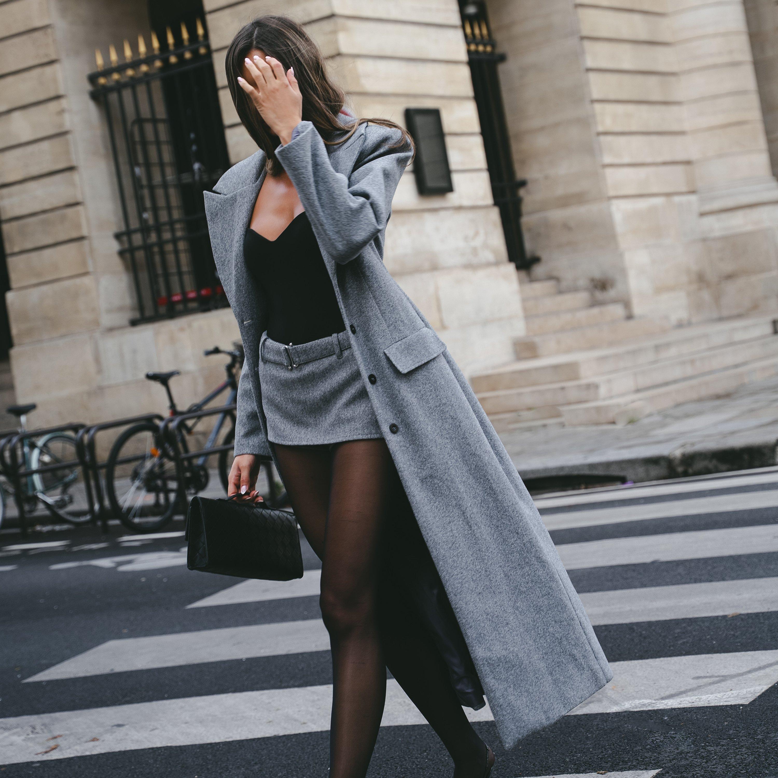 Long Sleeve Cinched Waist Blazer Wool Look Maxi Coat In Grey, Women's Size UK 4