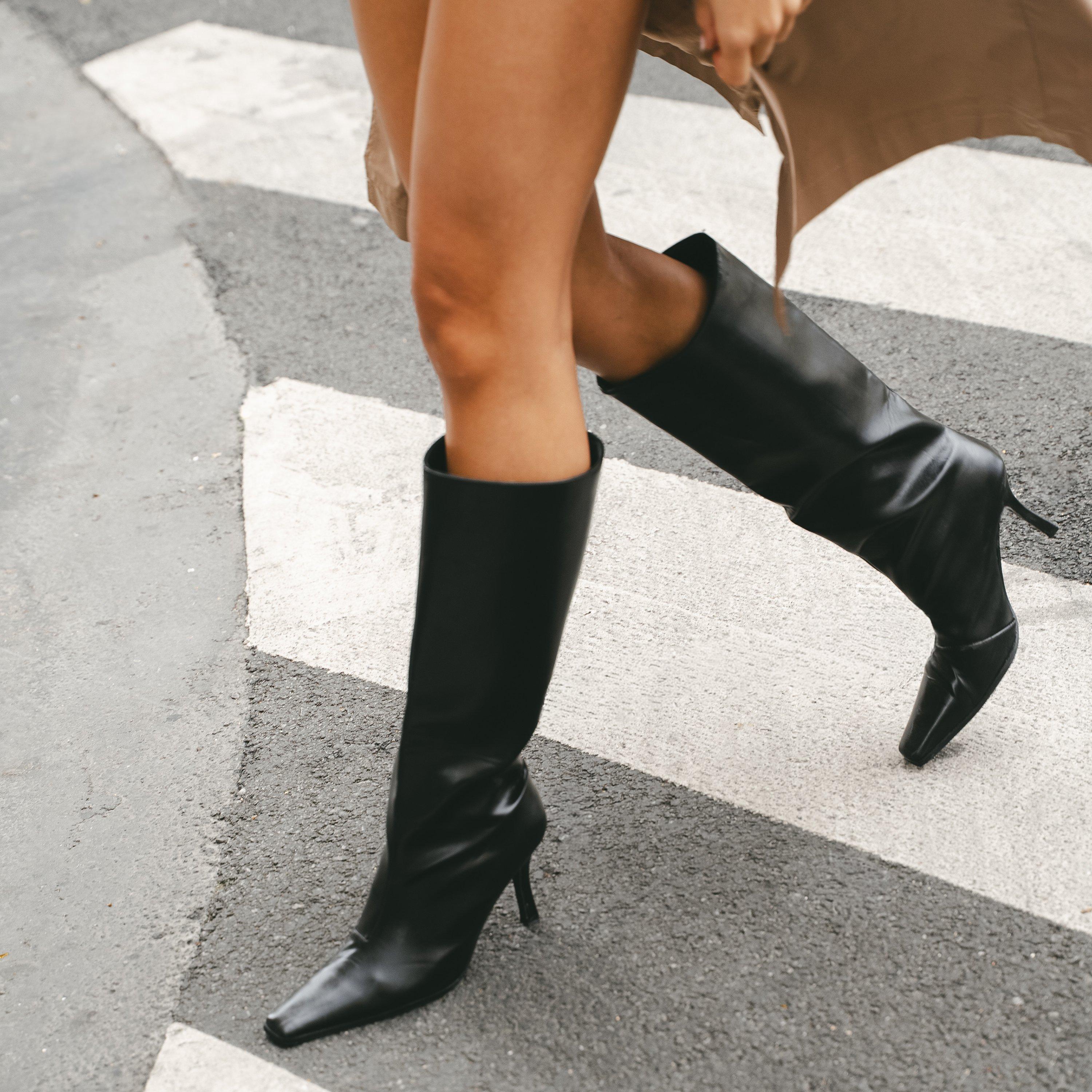 Cecil Square Toe Stiletto Heel Knee High Long Boot In Black Faux Leather, Women’s