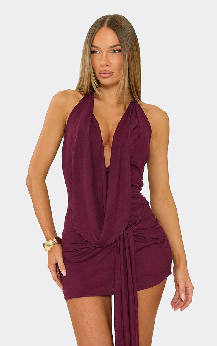 Plunge Halterneck Draped Front Mini Dress In Plum