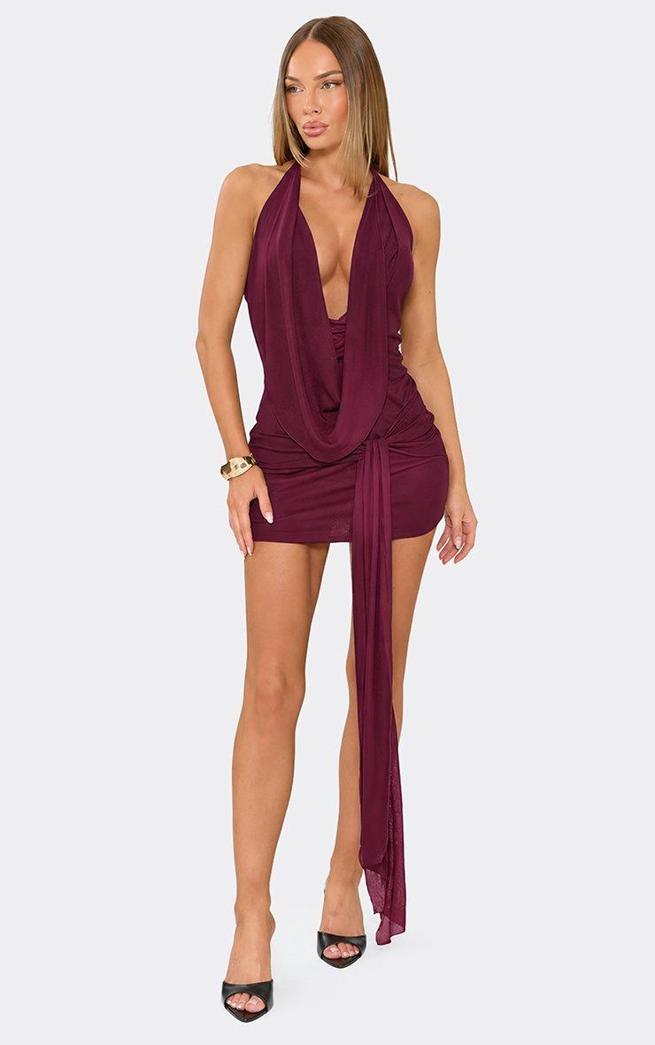 Plunge Halterneck Draped Front Mini Dress In Plum
