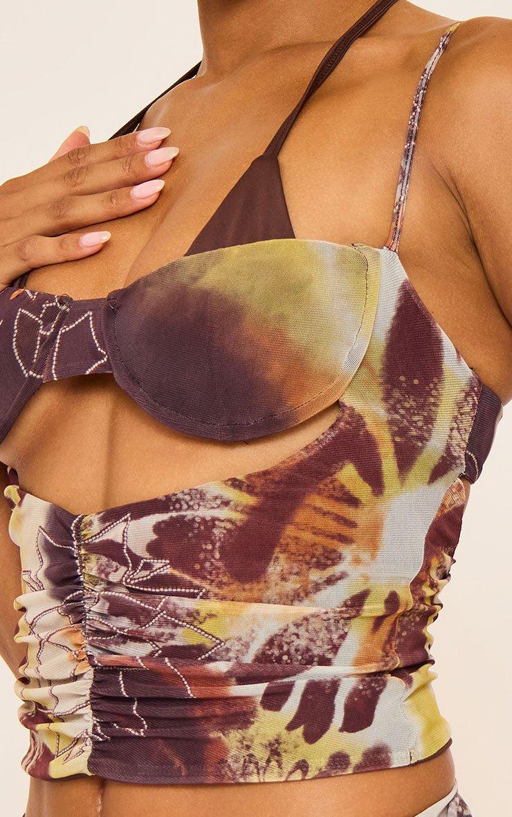 Halterneck Double Bust Corset Top And Mini Skirt In Brown Printed Mesh