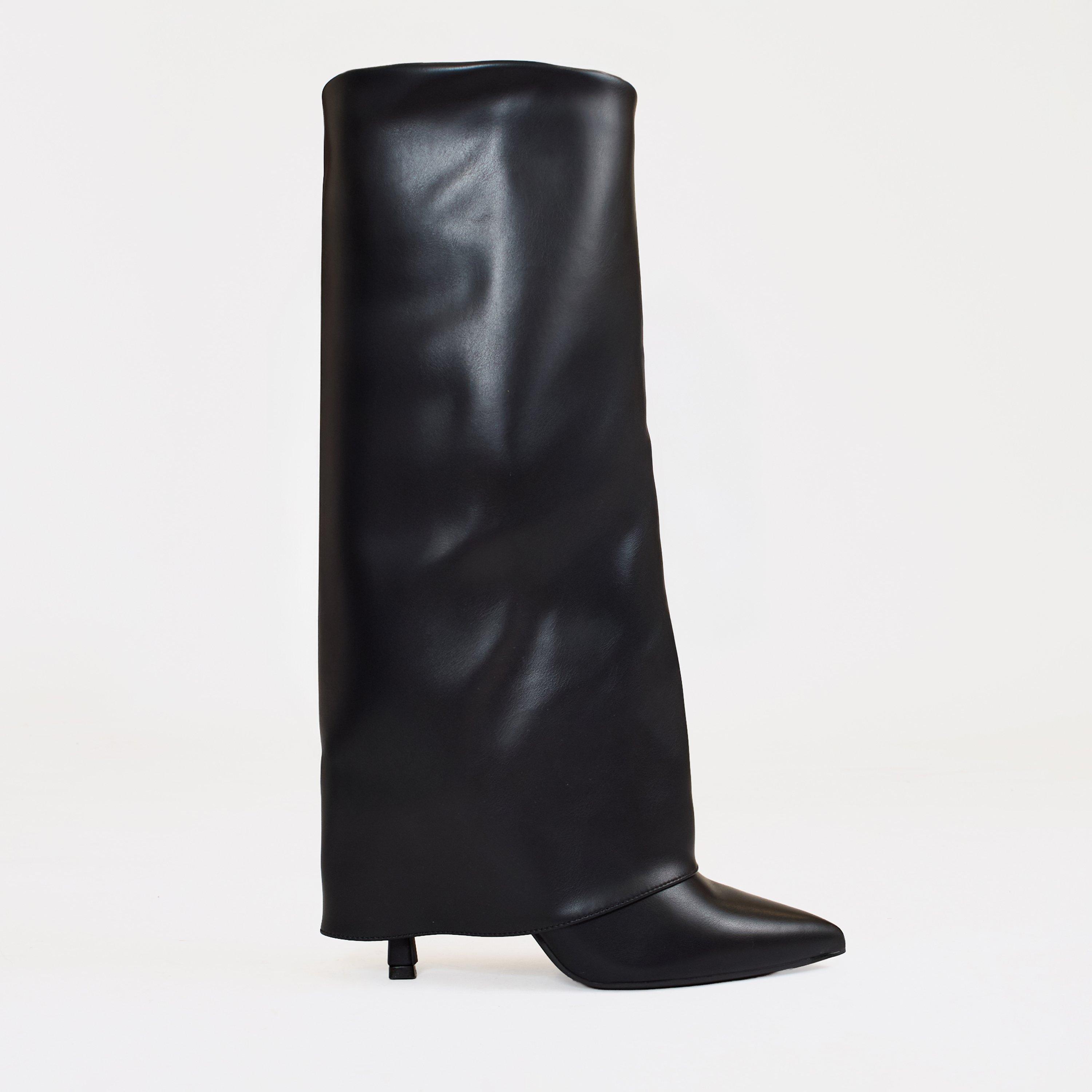 Random Layered Pointed Toe Stiletto Heel Knee High Boot In Black Faux Leather, Women's Size UK 5