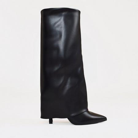 Random Layered Pointed Toe Stiletto Heel Knee High Boot In Black Faux Leather, Women's Size US