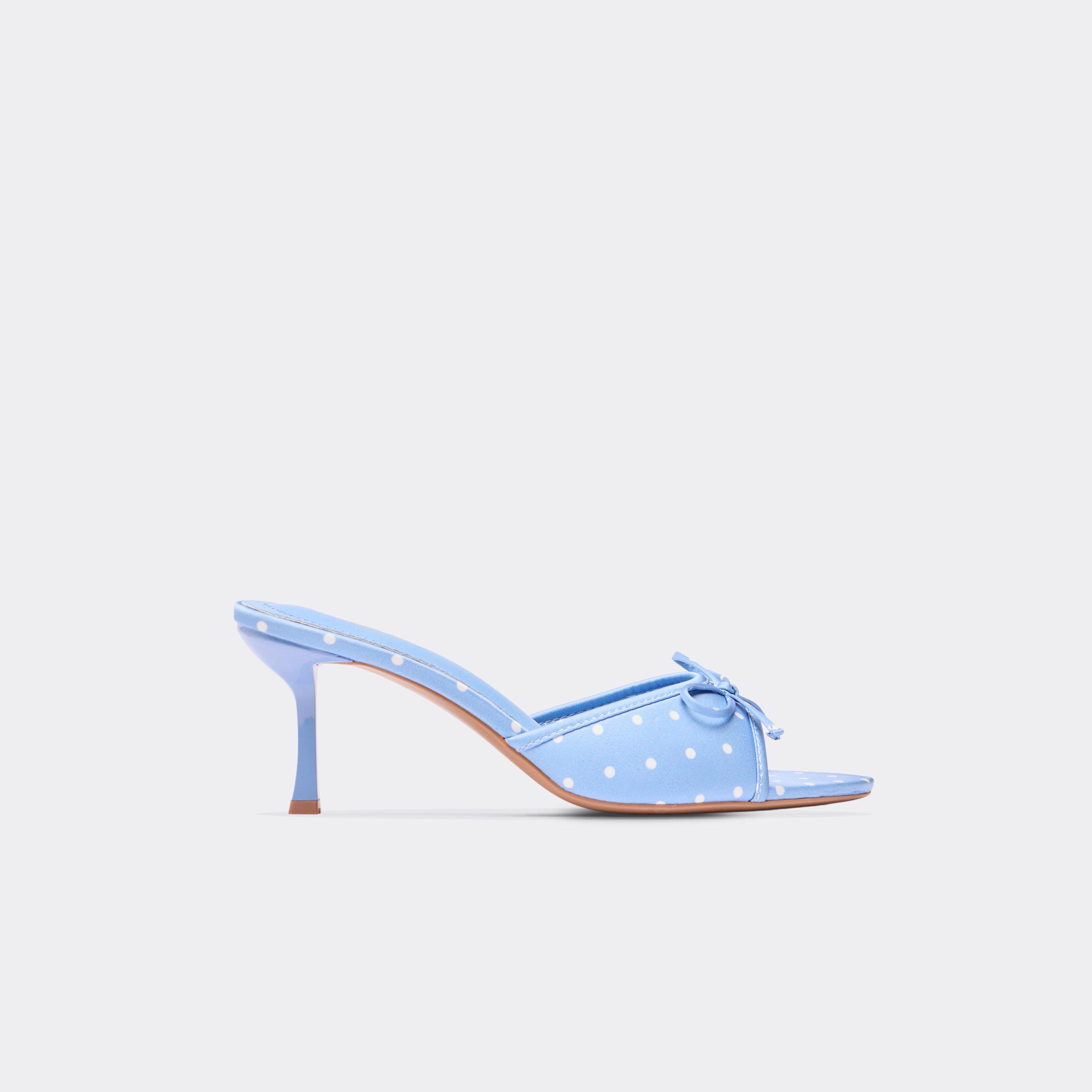 Rarar Peep Toe Bow Detail Heeled Mule In Blue Polka Dot Print Satin, Women’s