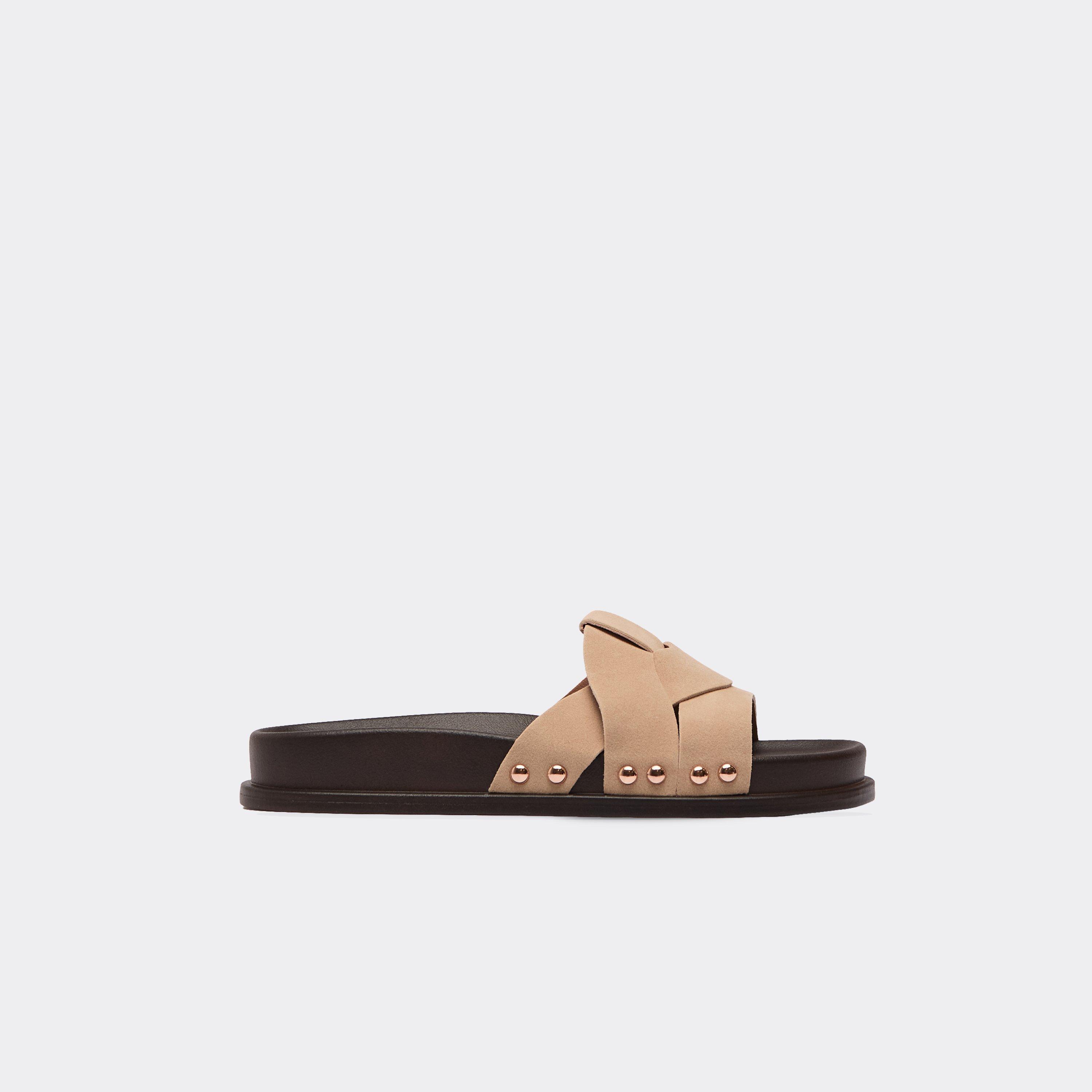 Rhoss Stud Detail Woven Strap Flat Slider Sandal In Beige Faux Suede, Women's Size UK 5