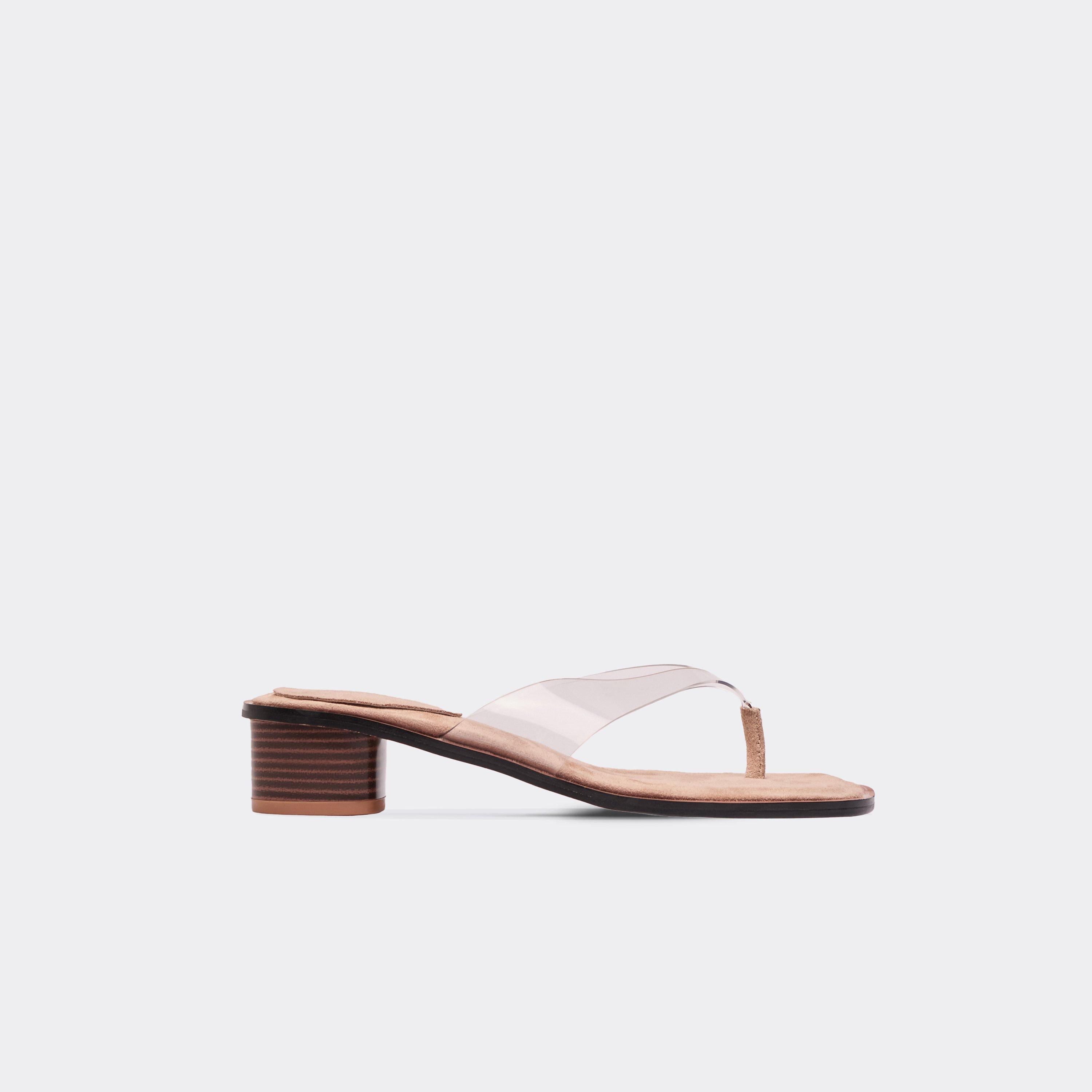 Rita Clear Perspex Thong Strap Block Heeled Mule In Beige Faux Suede, Women’s