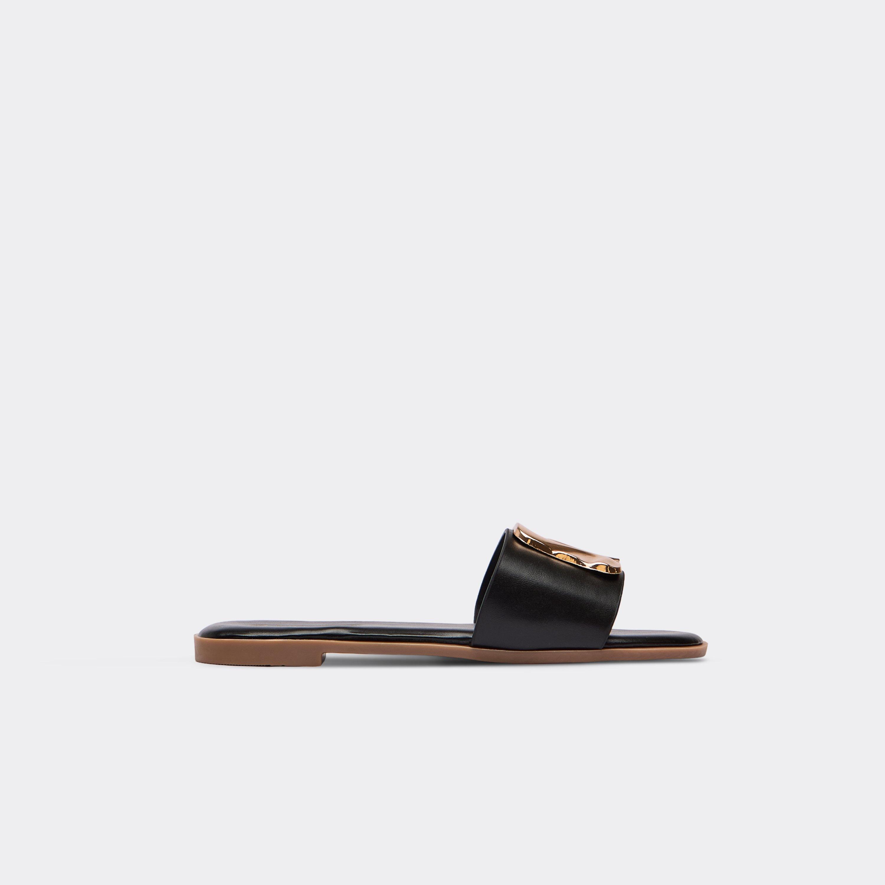 Ronan Trim Detail Flat Slider Sandal In Black Faux Leather, Women's Size UK 5