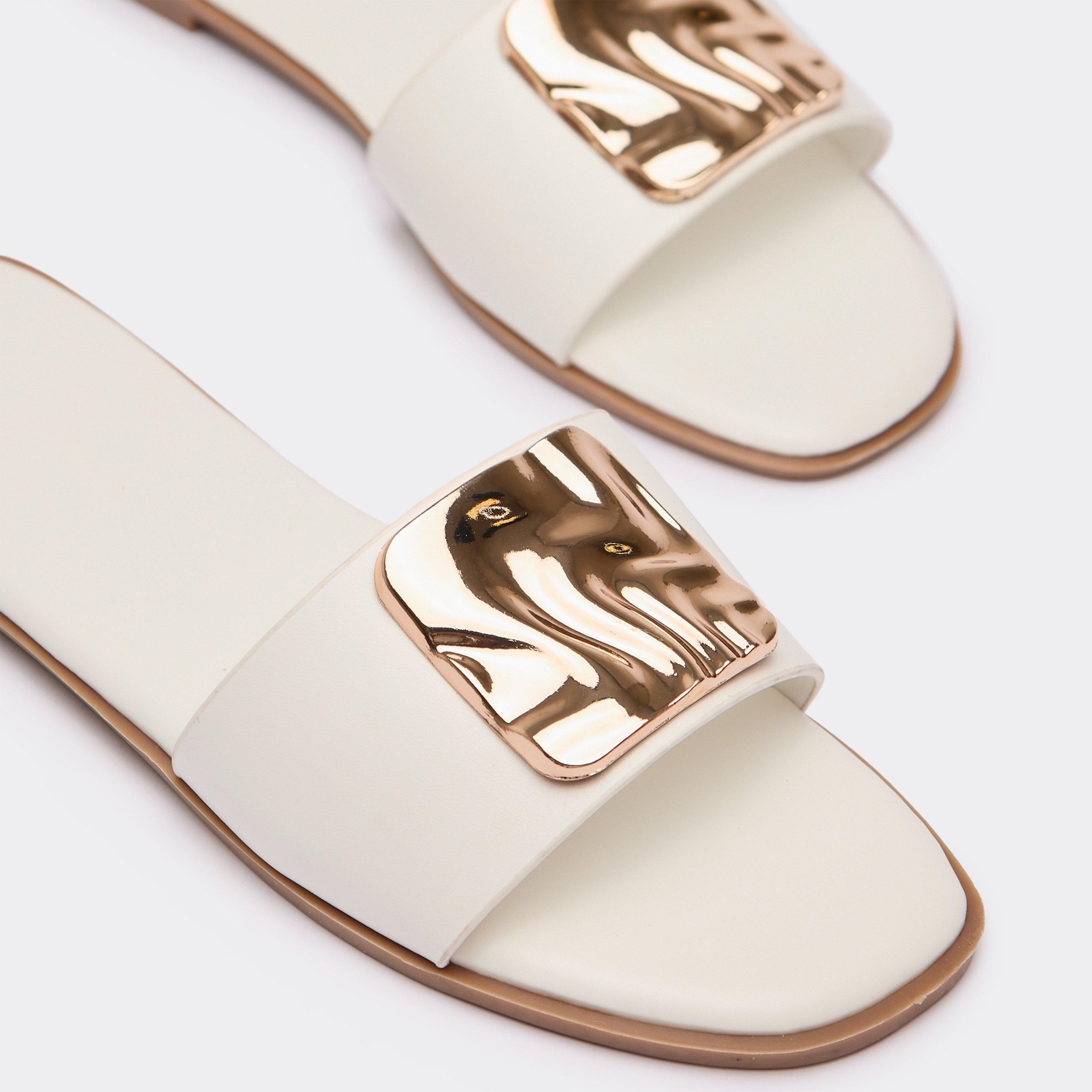 Ronan Trim Detail Flat Slider Sandal In White Faux Leather, Women's Size UK 8