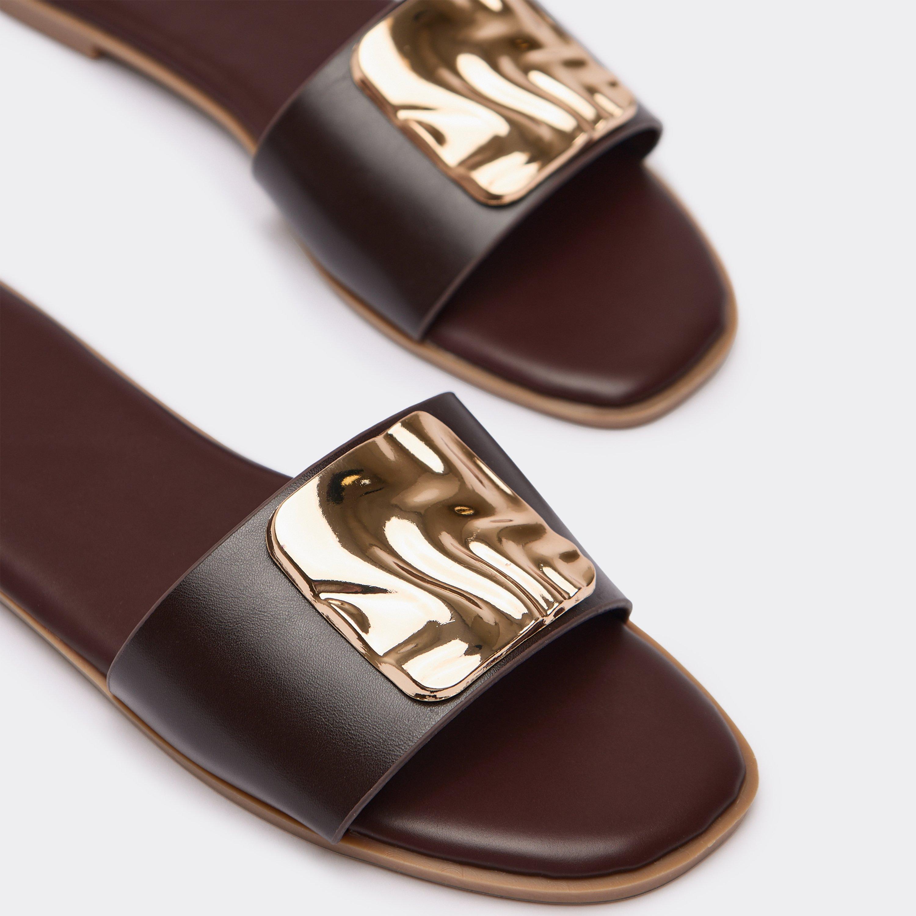 Ronan Trim Detail Flat Slider Sandal In Brown Faux Leather., Women's Size UK 3