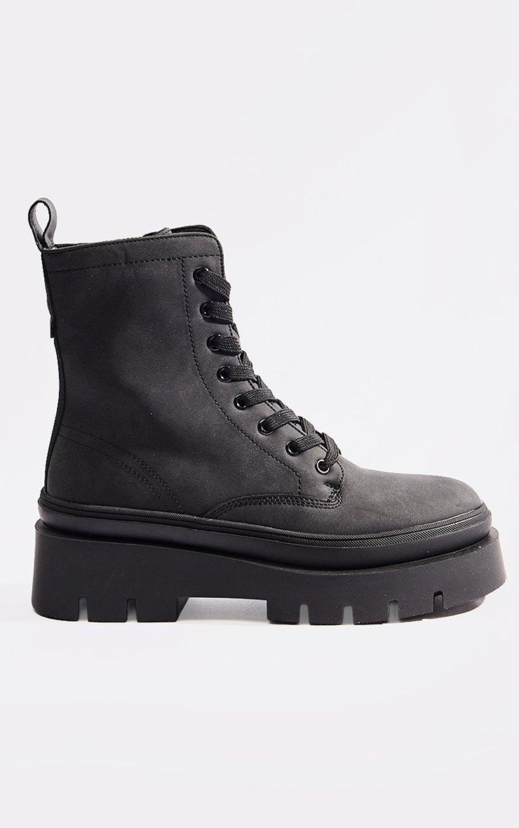 Rumie Lace Up Chunky Sole Ankle Biker Boot In Black Faux Suede