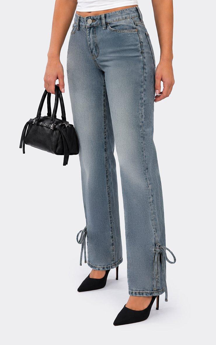 Low Rise Ankle Tie Detail Wide Leg Jeans In Washed Blue Denim