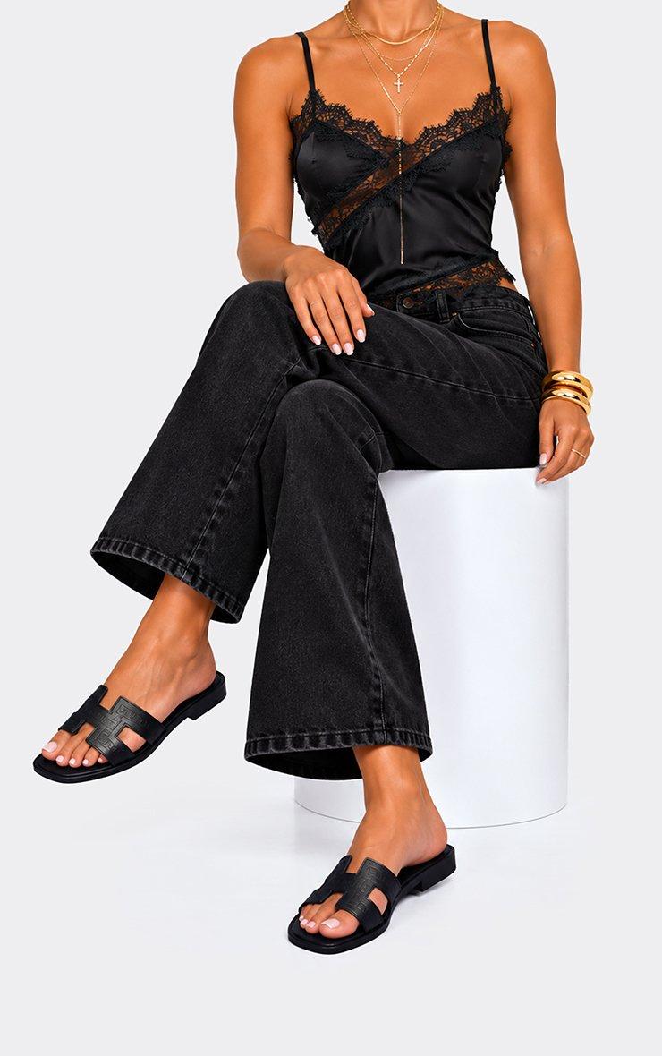 Addison Caged Flat Slider Sandal In Black Croc Print Faux Leather.