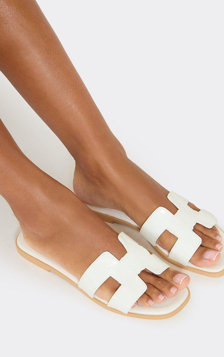 Addison Caged Flat Slider Sandal In White Croc Print Faux Leather