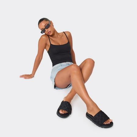 It'S-A-Vibe Embossed Velcro Strap Flat Slider Sandal In Black Lycra, Women's Size US