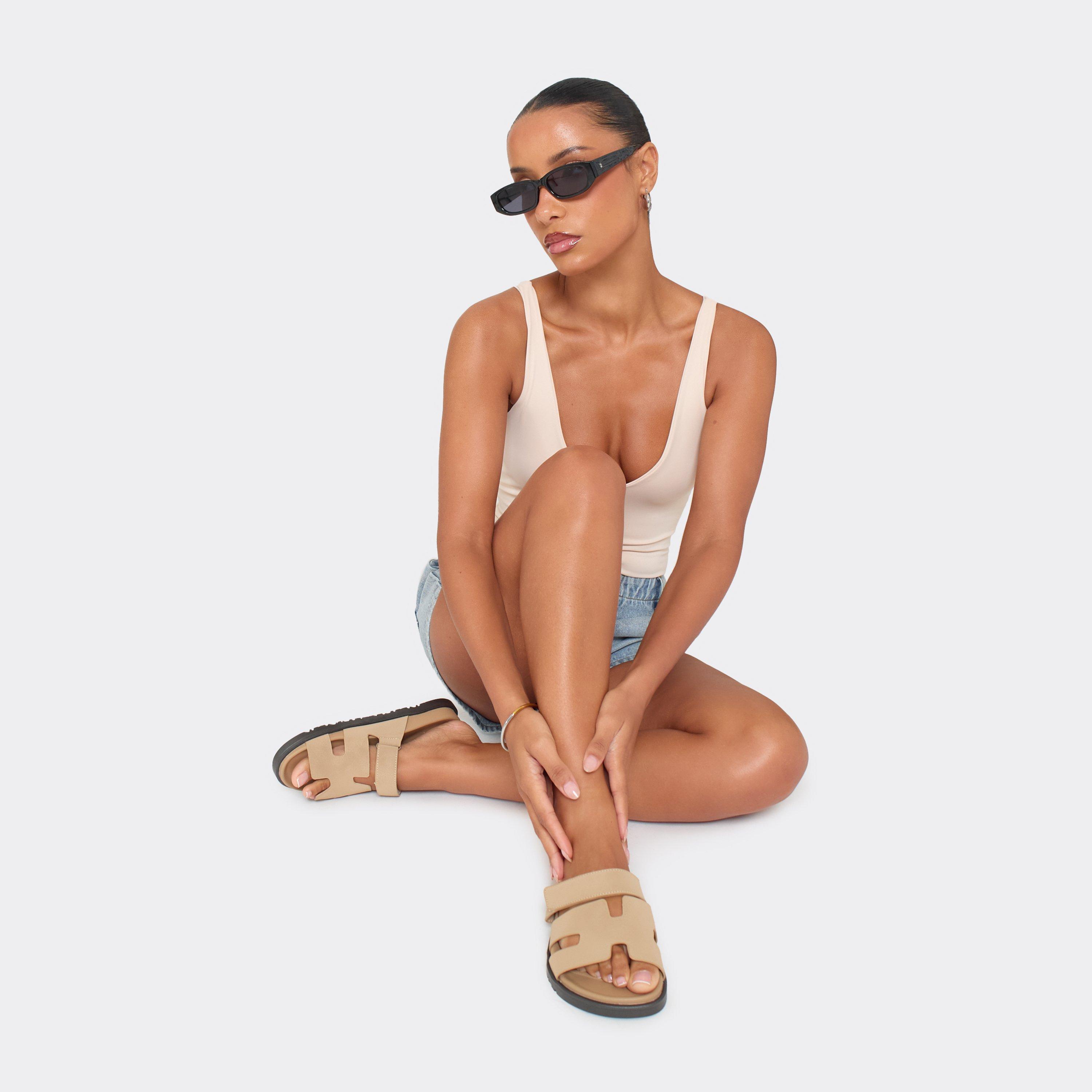 Valerie Gladiator Velcro Strap Flat Slider Sandal In Nude Faux Suede, Women's Size UK 6