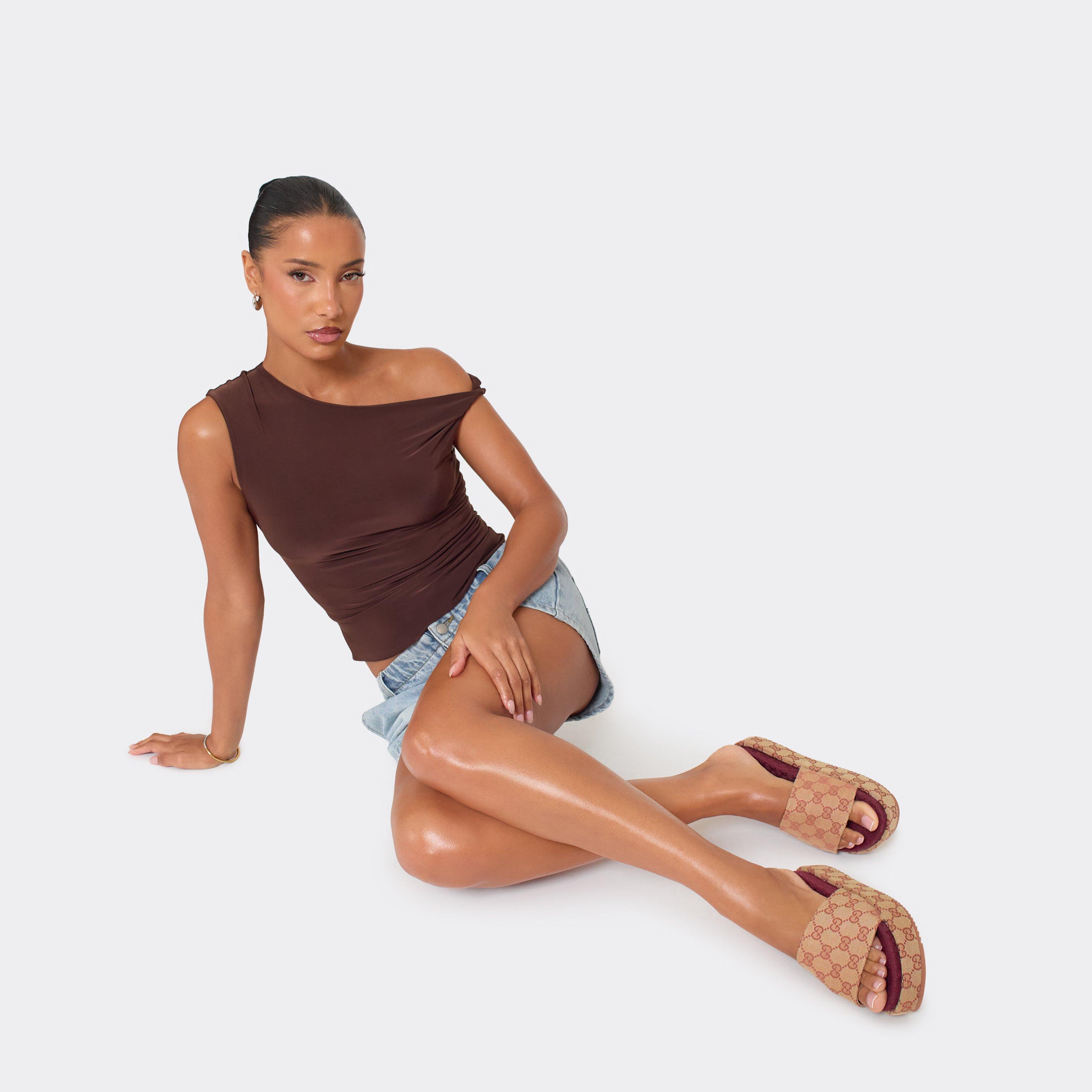 Manic Burgundy Printed Detail Peep Toe Flatform Slider In Beige Fabric, Women's Size UK 6