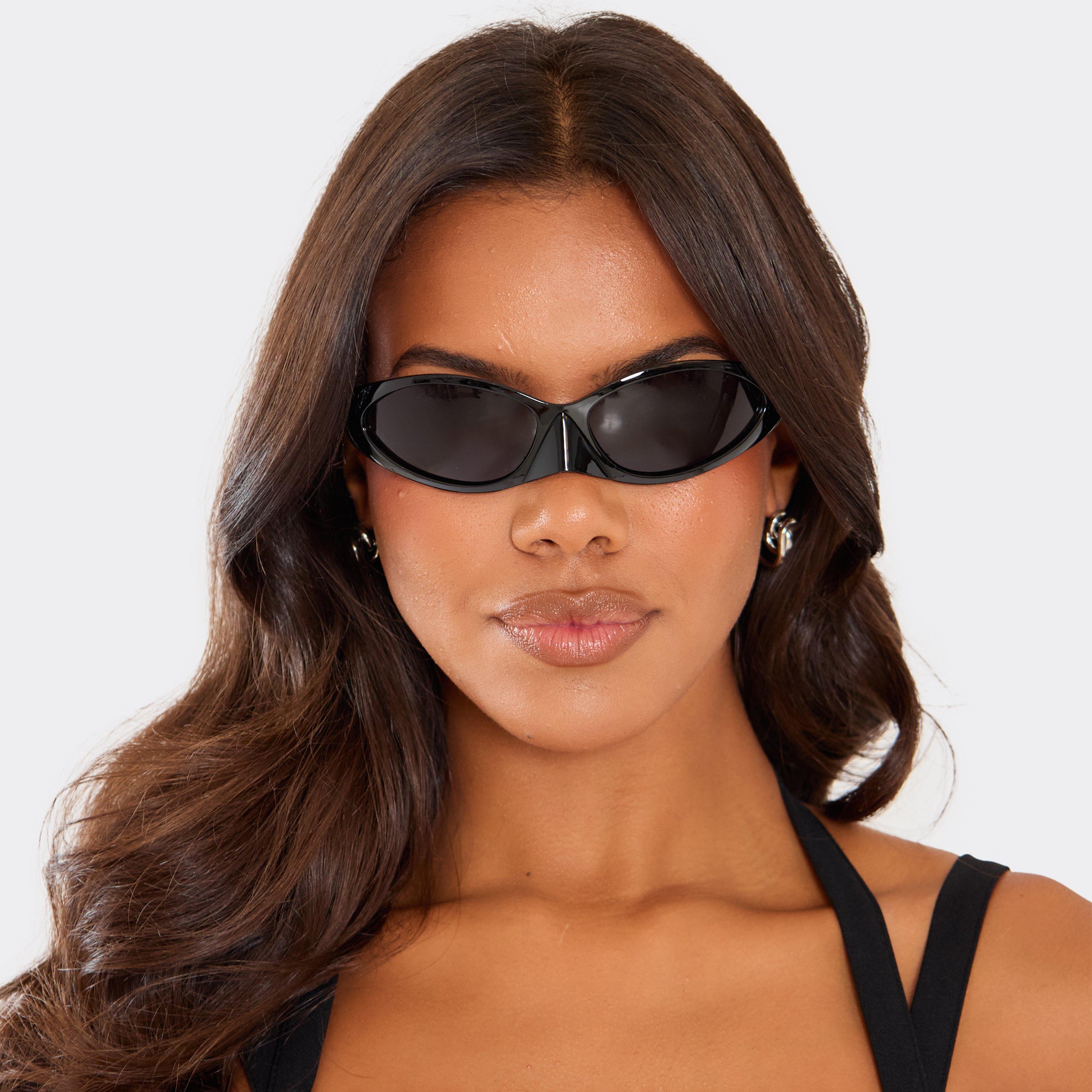 Black Lense Nose Detail Wrap Around Sunglasses In Black, Women’s
